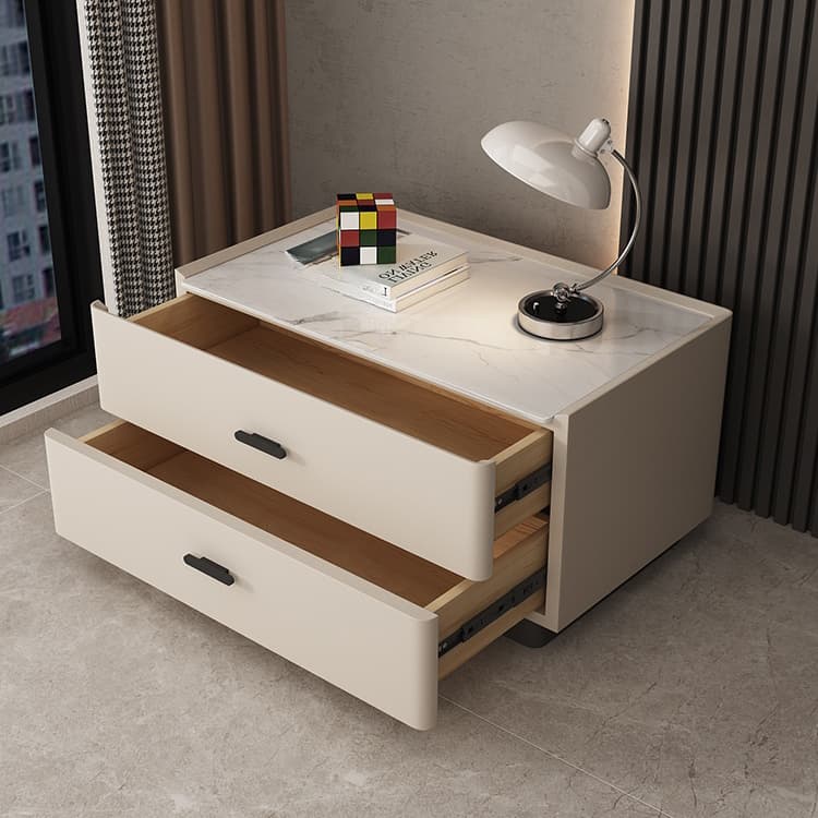 Elegant Two-Drawer Faux Leather Nightstand with Stone Countertop in Low Height for Modern Homes thumbnail 12