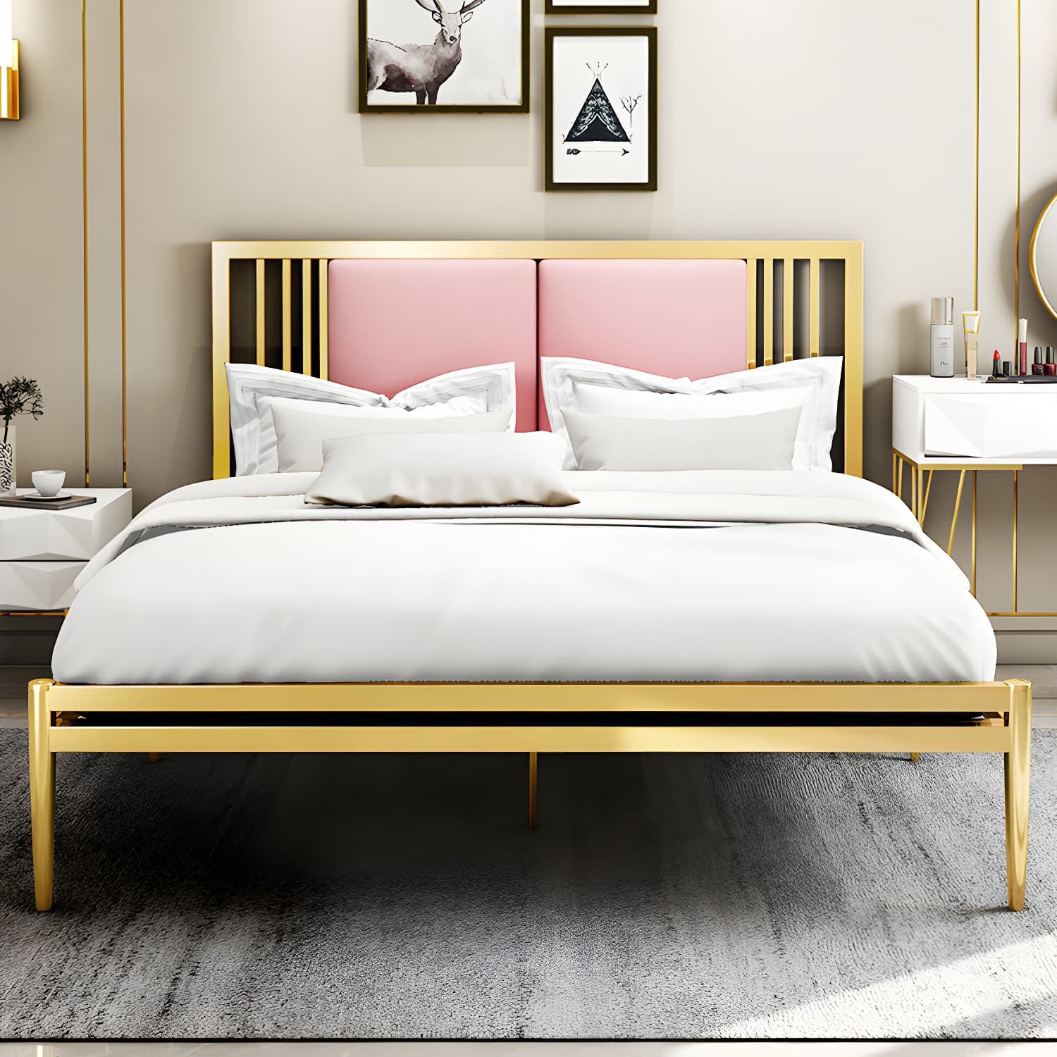 Metal Open-Frame Bed Contemporary Standard Bed with Custom Gold Legs thumbnail 3