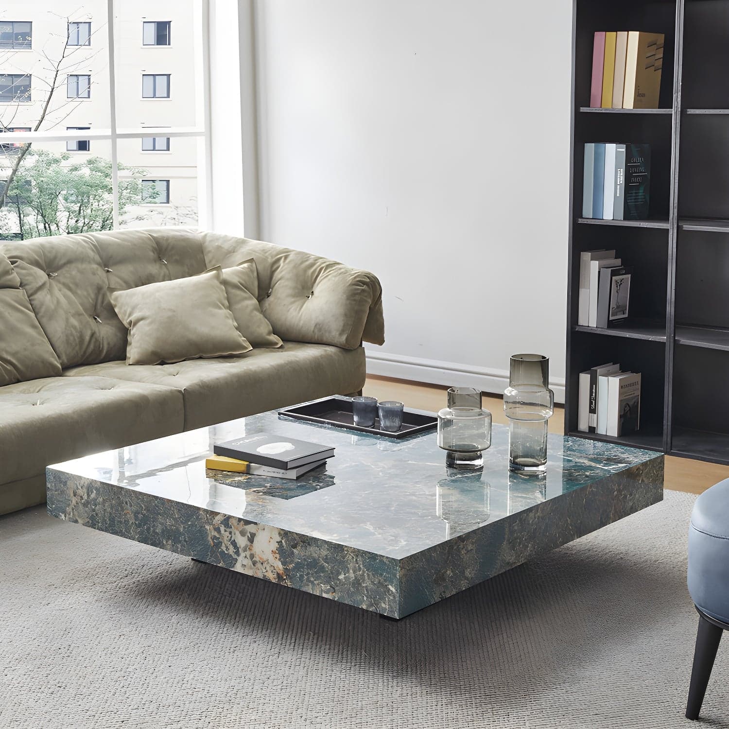 No Distressing Coffee Table Pedestal Faux Marble Square Cocktail Table thumbnail 3