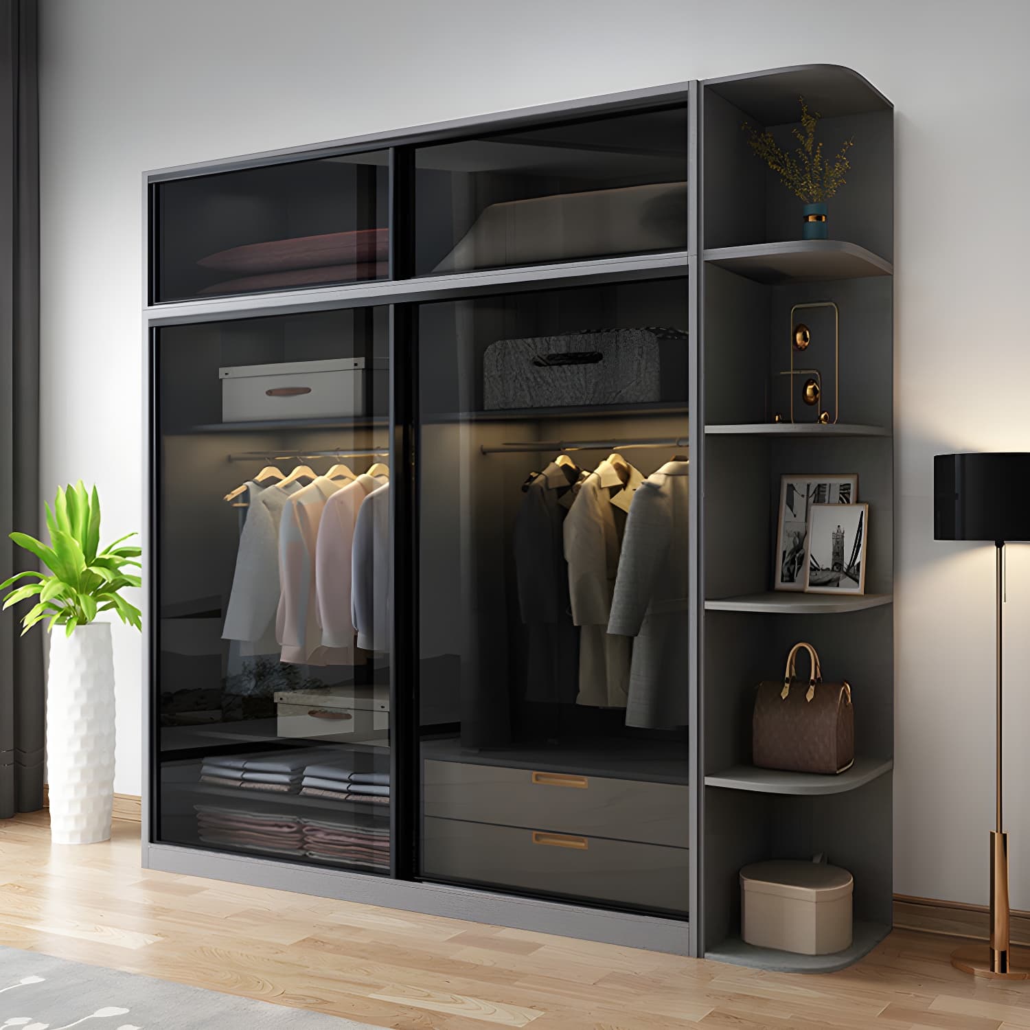Black Wardrobe Cabinet Contemporary Glass Wardrobe Armoire for Home thumbnail 3
