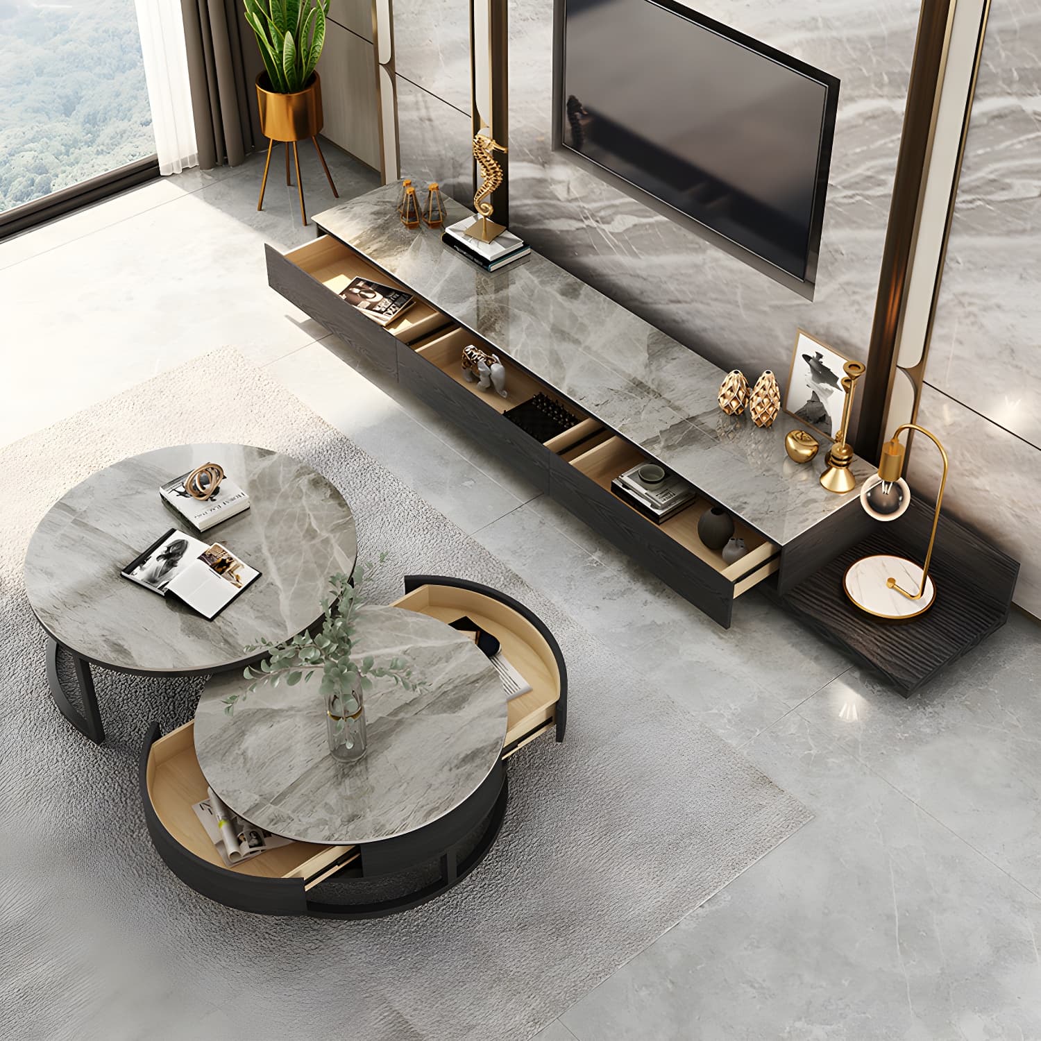 Slate Coffee Table Slate Nesting Coffee Table Set with Storage Drawer thumbnail 8