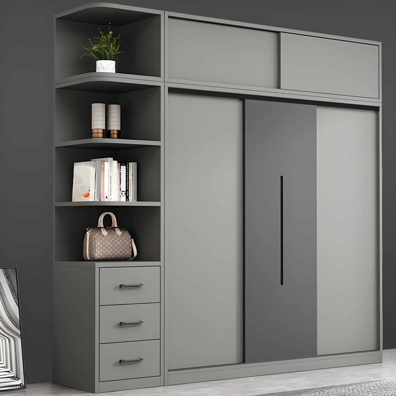 Contemporary Wood Grey Cloth Rod Included Wardrobe with Shelves thumbnail 12