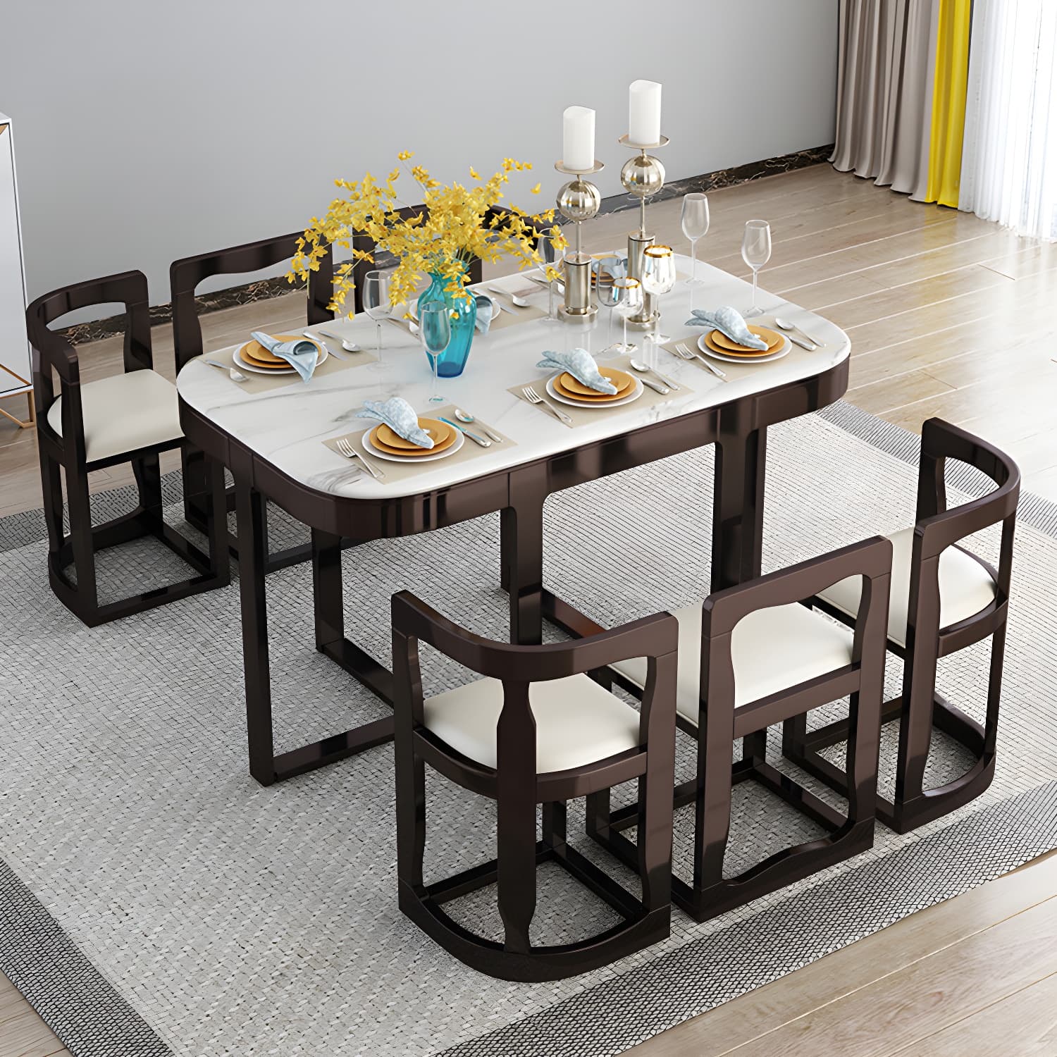 7-Piece Modern Wood Dining Set with Trestle Base and Upholstered Chairs in White - Seats 6 thumbnail 18