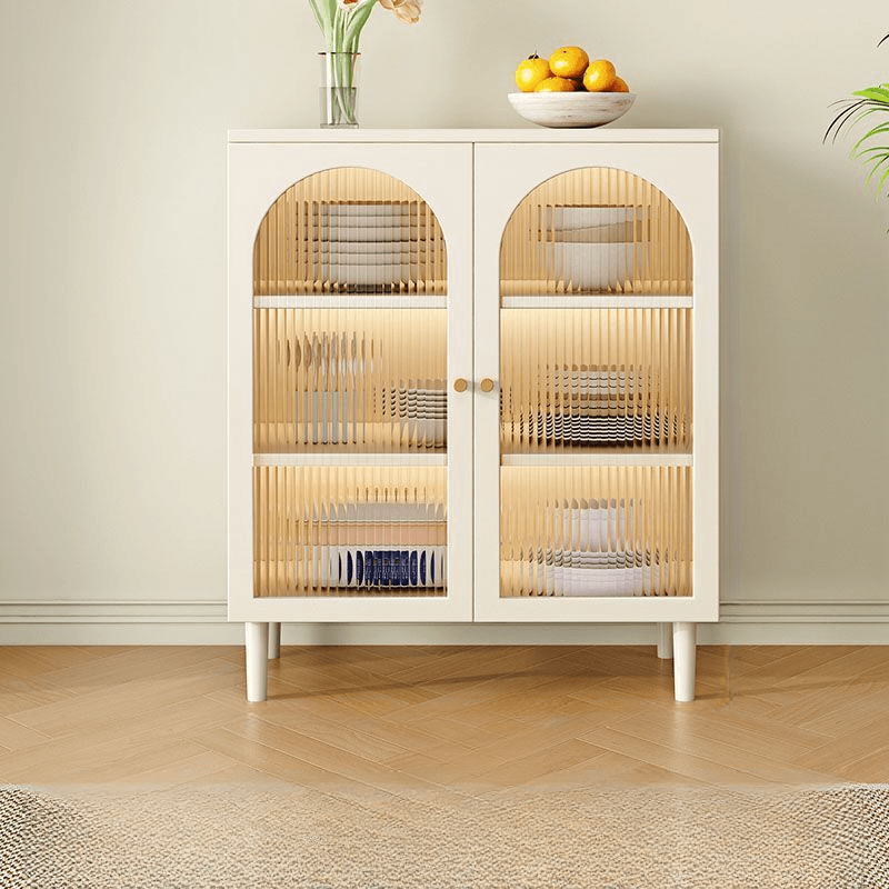 White Trendy Sideboard with 3 Drawers, Narrow/Standard Size, 3/6 Shelves, Lumber Countertop, and Glass-panel Door thumbnail 3