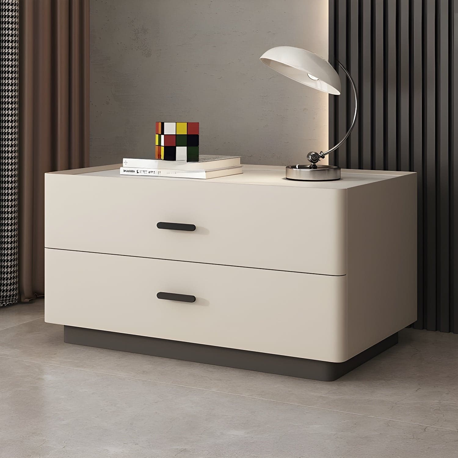Elegant Two-Drawer Faux Leather Nightstand with Stone Countertop in Low Height for Modern Homes thumbnail 7