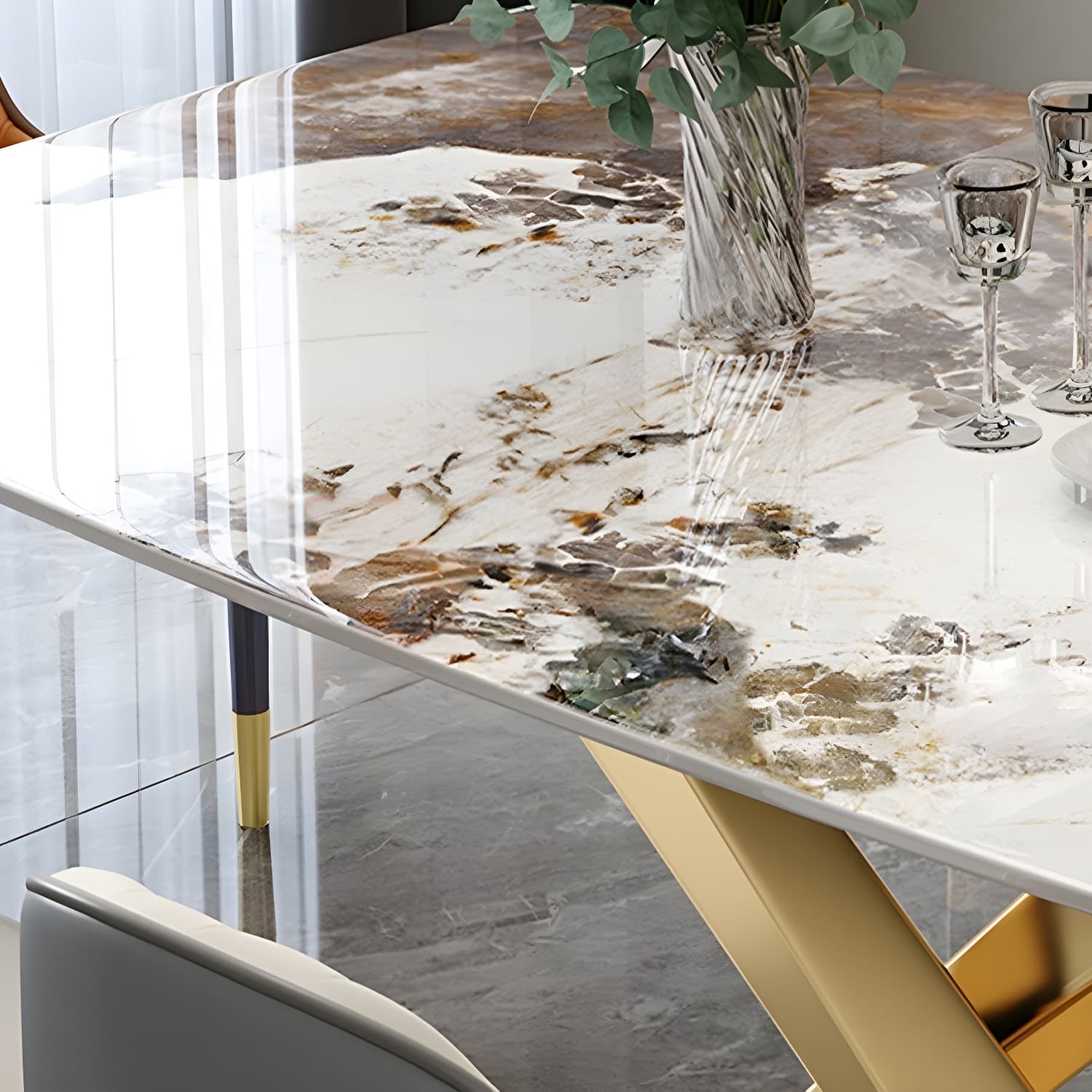 Glam Metal Dining Set in Beige with Gold Pedestal Base and Slate Tabletop - 1/5/7 Piece Set thumbnail 8