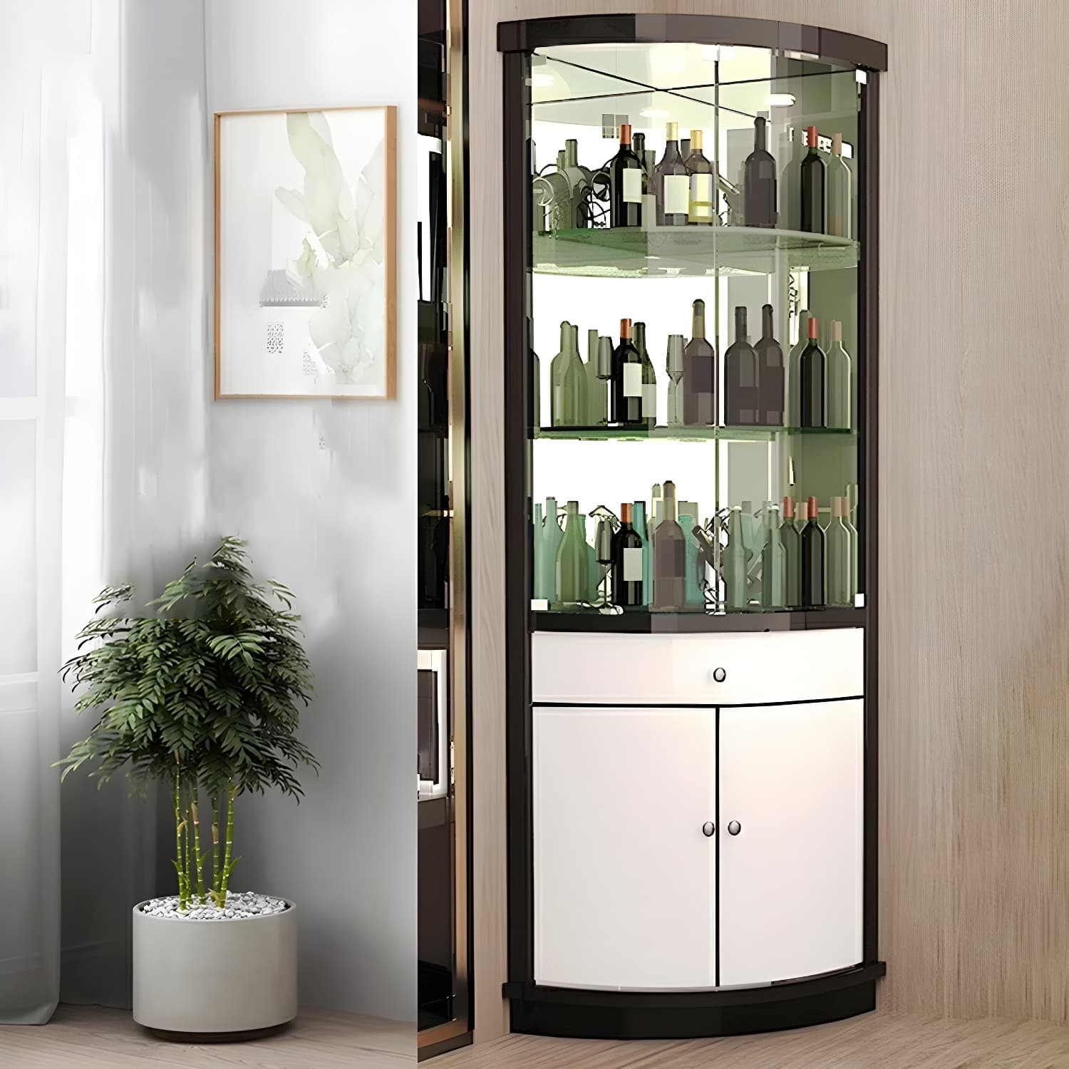 Circular Corner Glass Accent Cabinet with Clear Glass Doors and 3 Shelves thumbnail 5