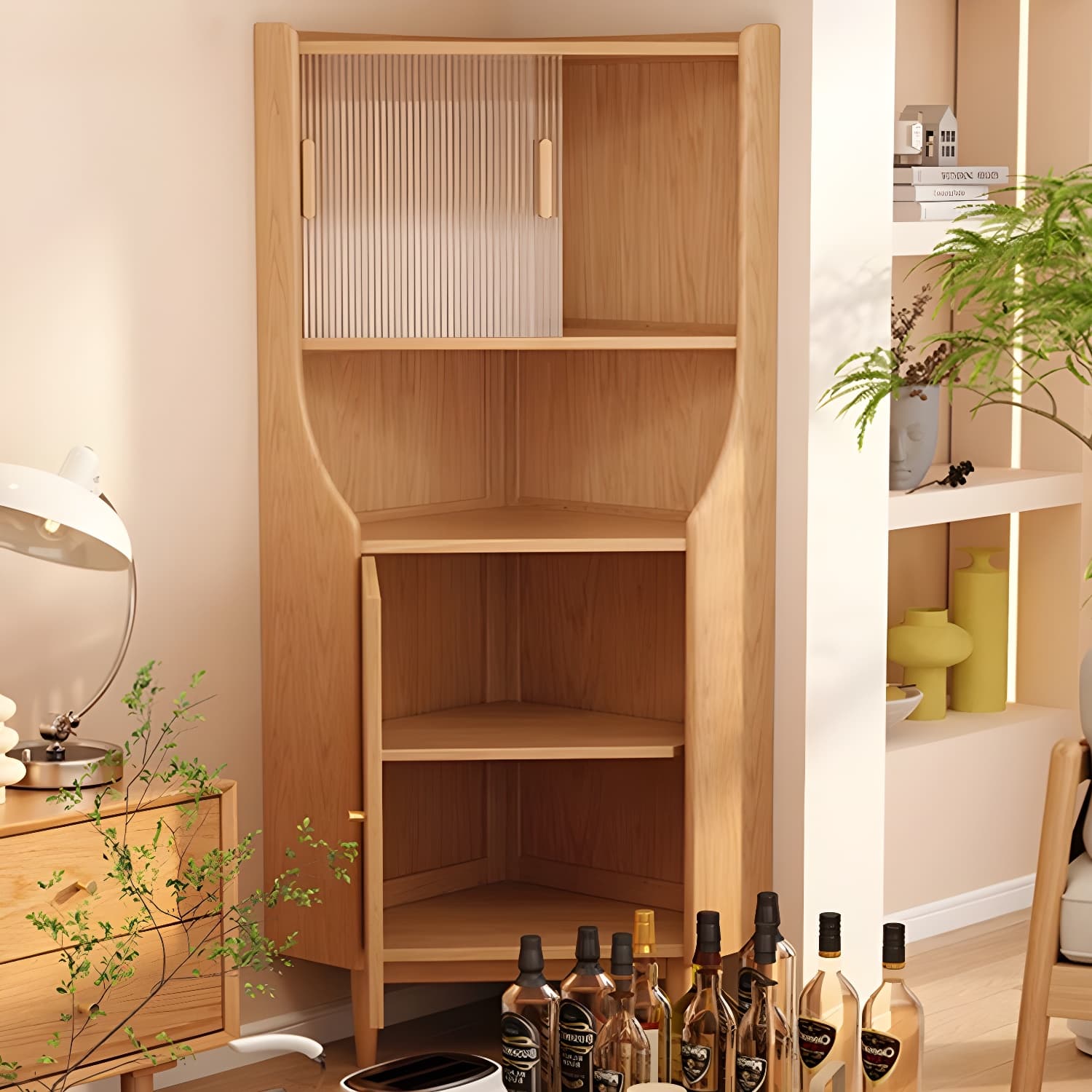 Corner Scandinavian Accent Cabinet with Wood Counter Top and Glass Doors, 2 Exterior Shelves thumbnail 5