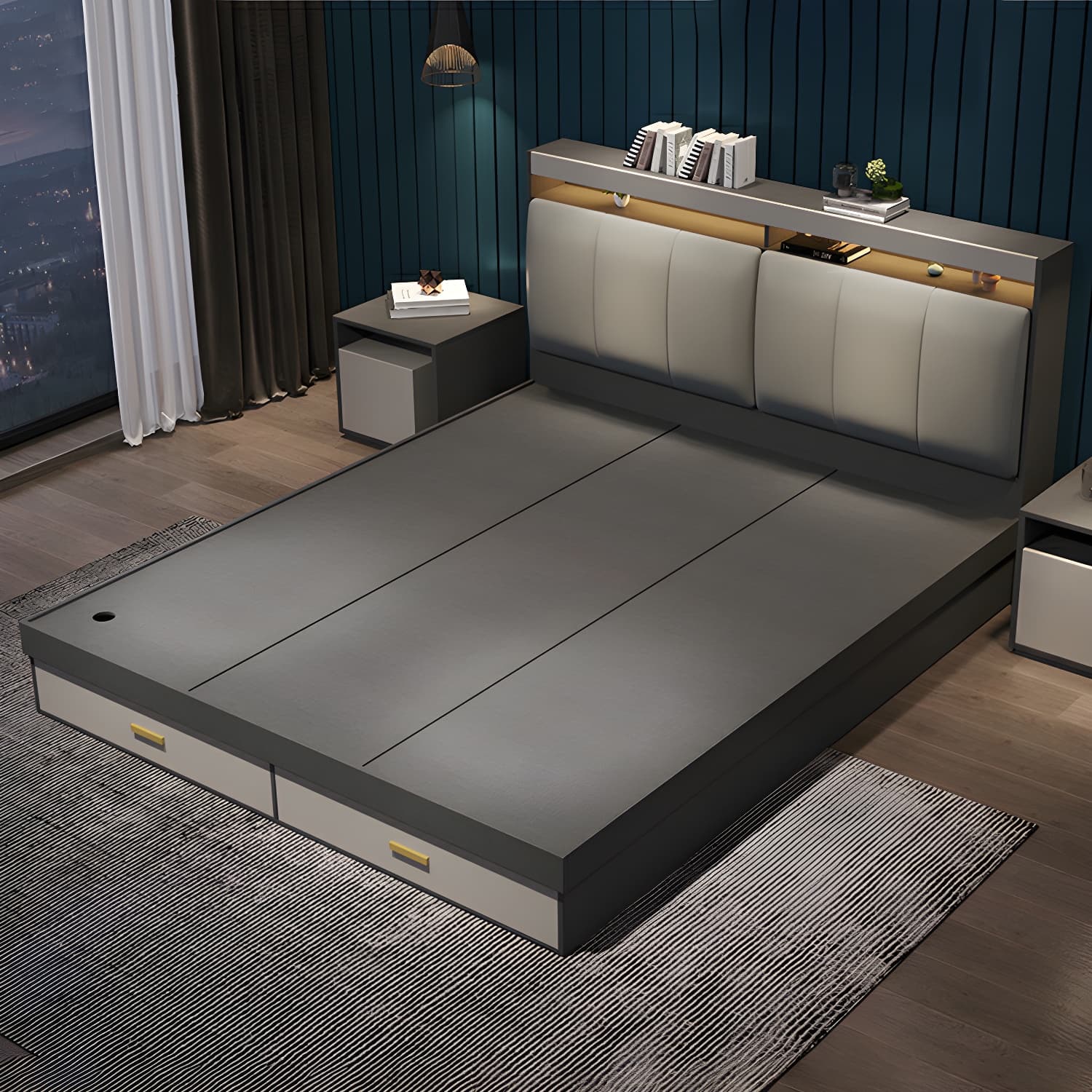 Modern Upholstered Headboard Bed with Storage and Patchwork Design thumbnail 4