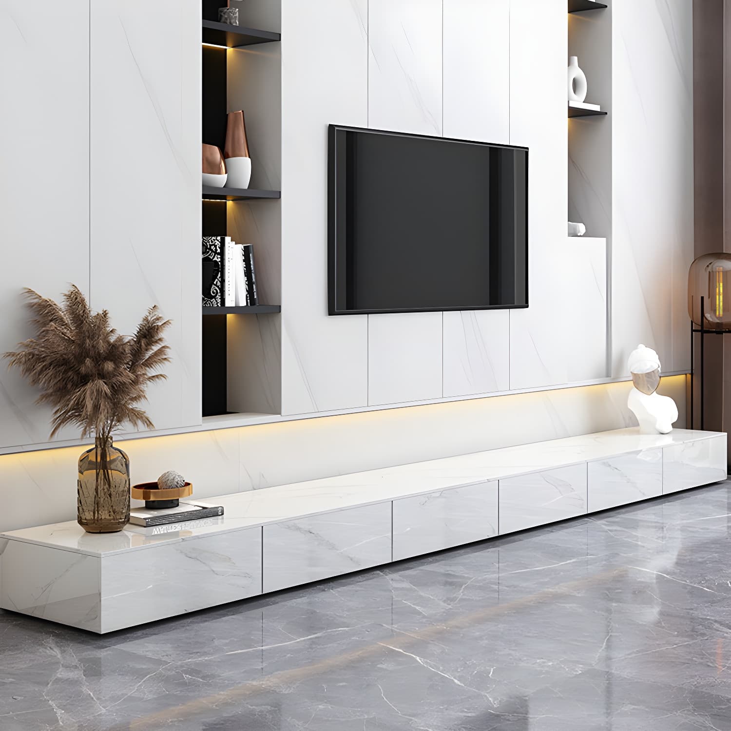 Stone TV Stand Modern TV Console with 6 Drawers Included, White thumbnail 2