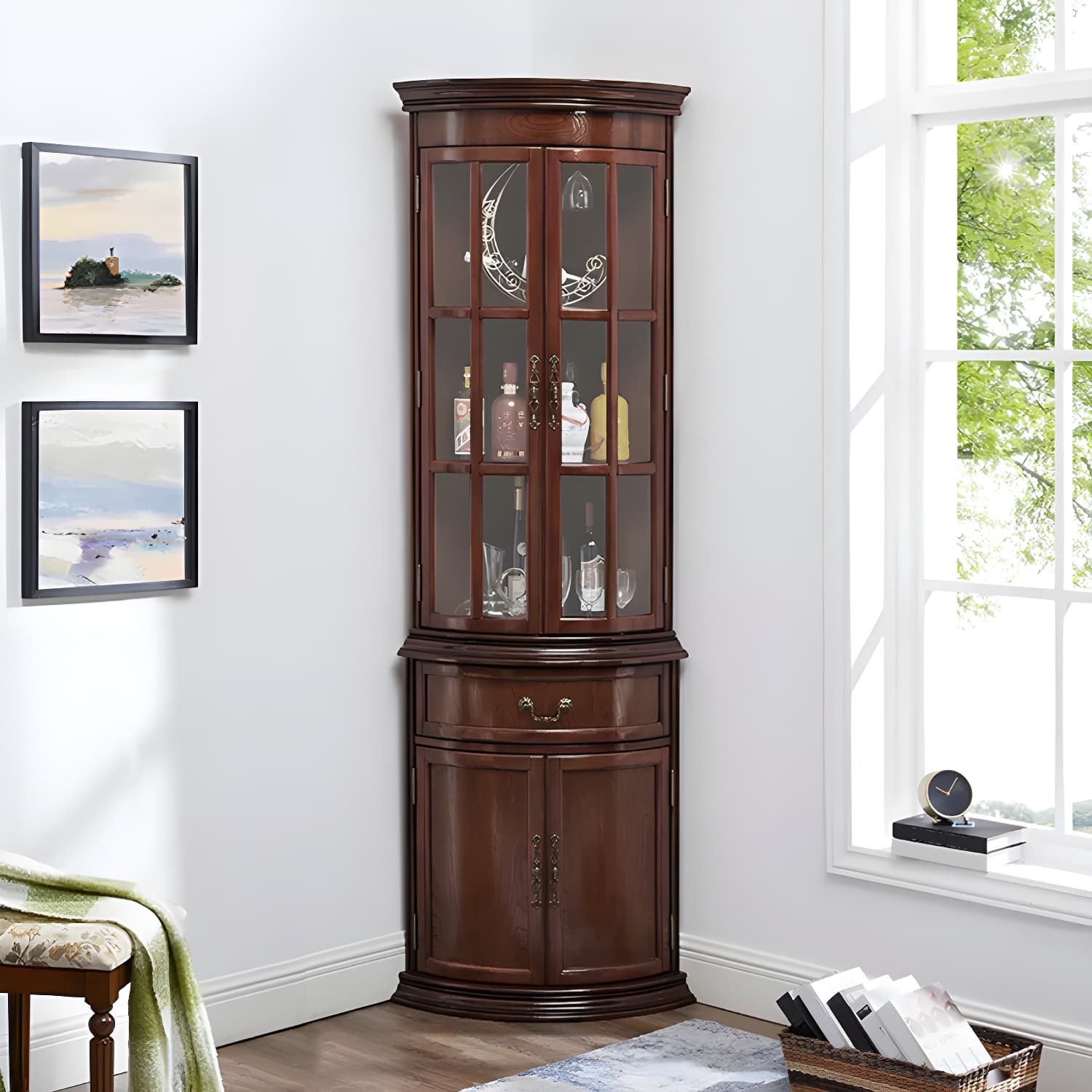 Corner Mid-Century Modern Accent Cabinet with Wood Countertop and Glass Doors thumbnail 10