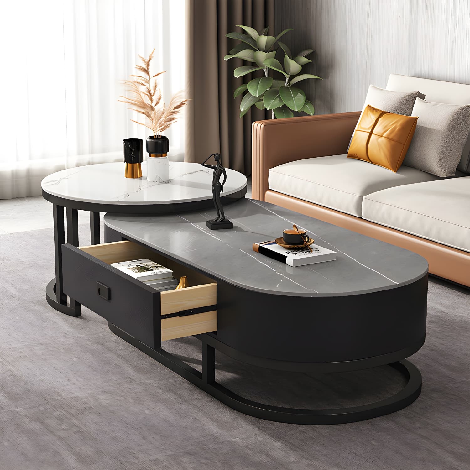 Slate Coffee Table Oval Nesting Coffee Table Set with Metal Legs thumbnail 11