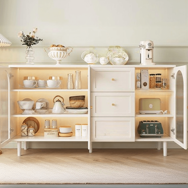 White Trendy Sideboard with 3 Drawers, Narrow/Standard Size, 3/6 Shelves, Lumber Countertop, and Glass-panel Door
