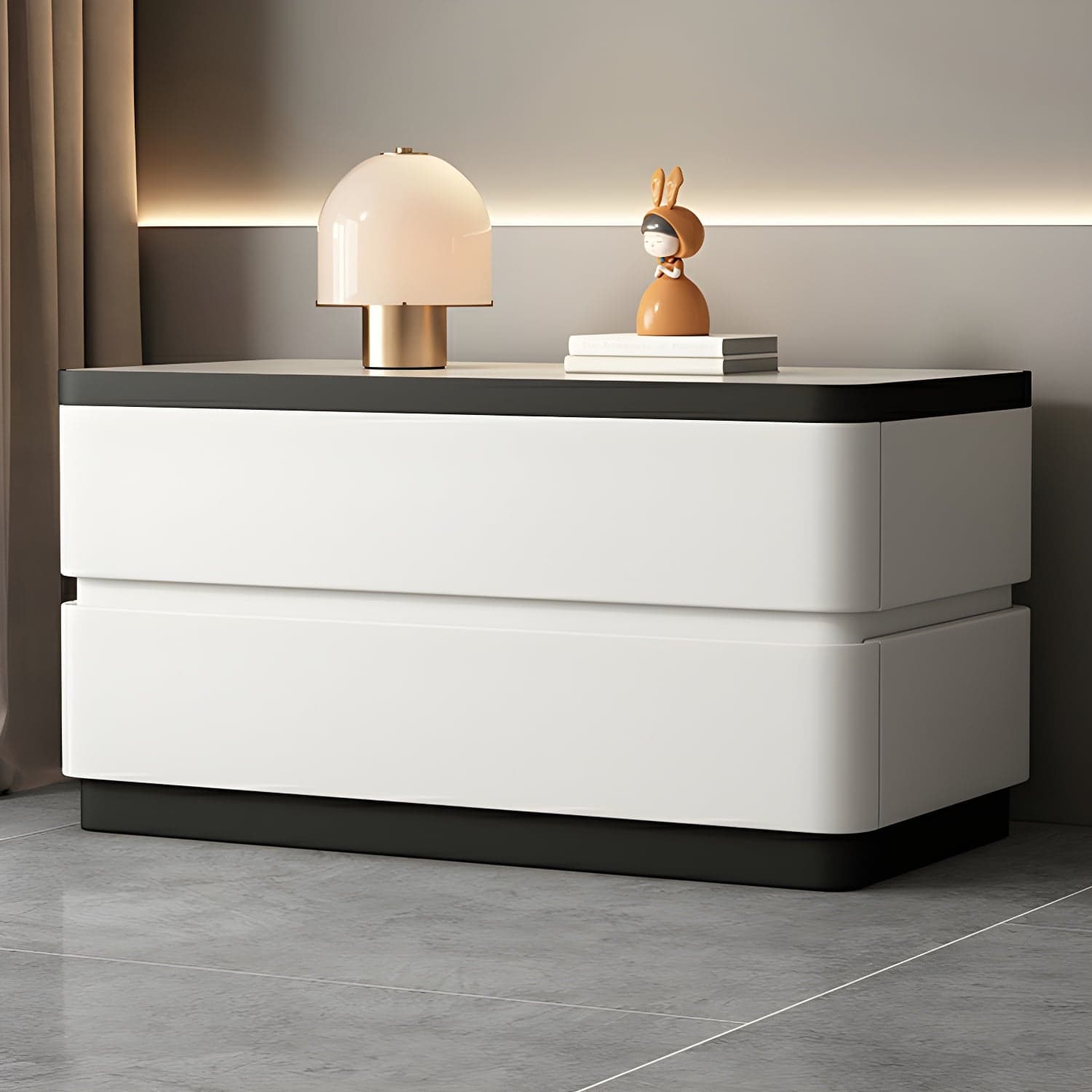 Modern Faux Leather Nightstand with 2 Drawers and Stone Countertop for Bedroom thumbnail 9