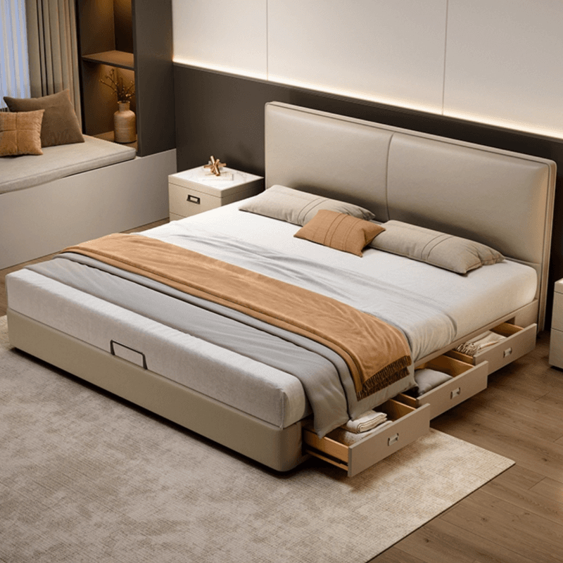 Light Gray Storage Included Panel Bed with 3 Storage Boxes, Natural Wood Frame, and Sponge Upholstery thumbnail 2