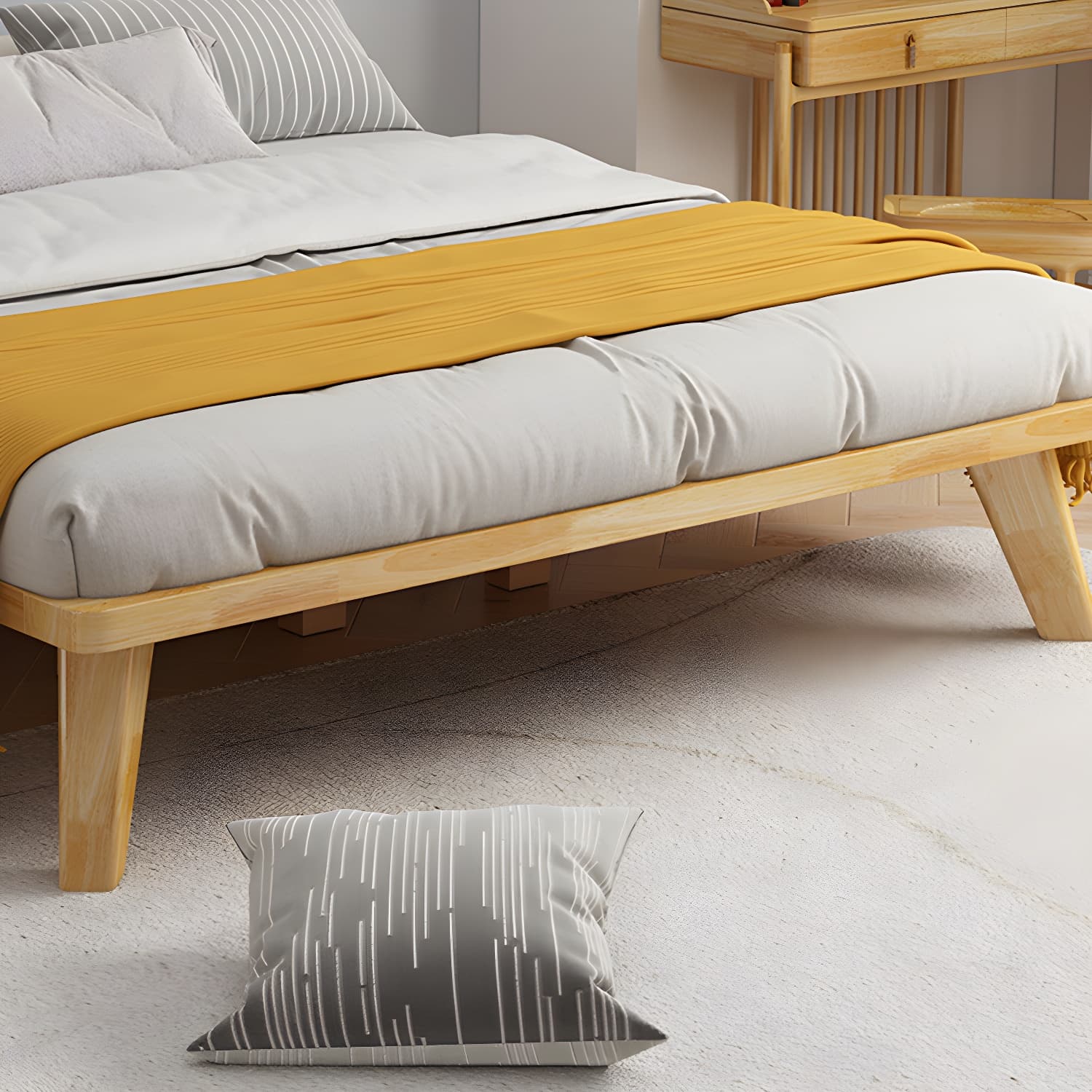 Scandinavian Solid Wood Platform Bed 13.39" High Natural Bed Frame Set thumbnail 6