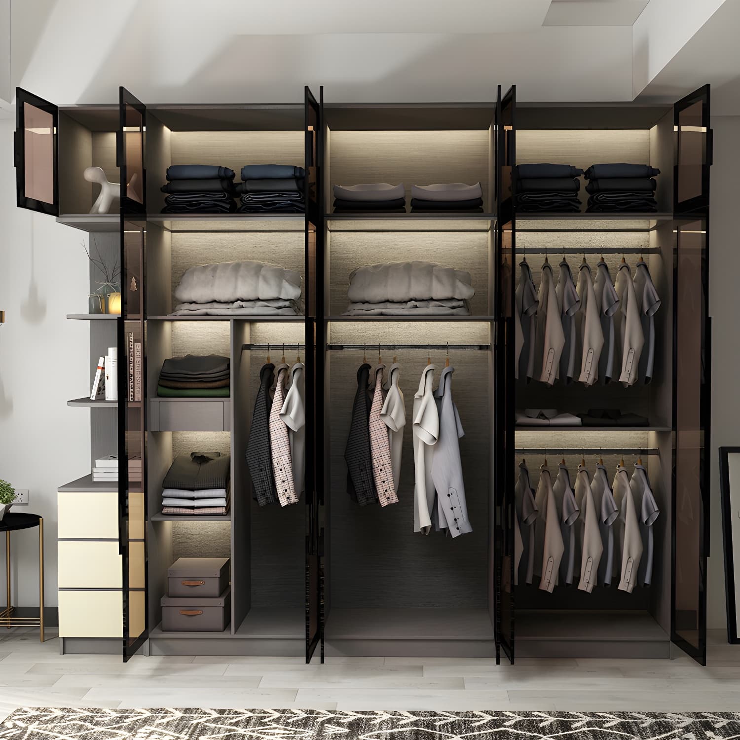 Modern Glass Hinged Doors Wardrobe Armoire Wood Frame Wardrobe with Shelves without Light thumbnail 10