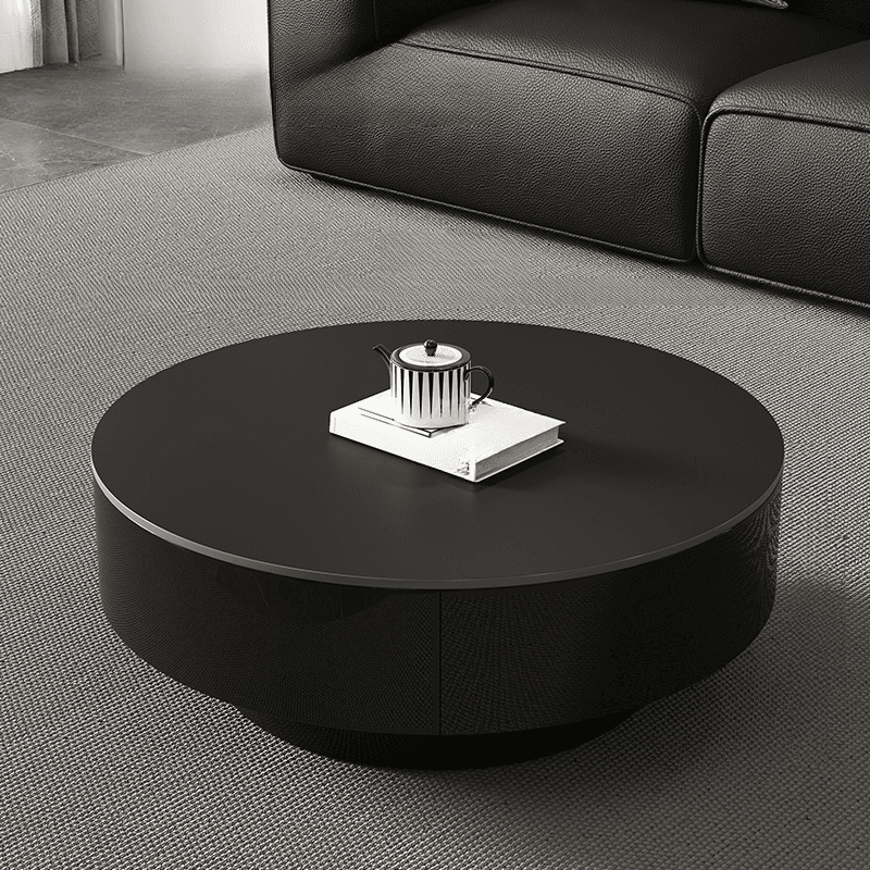 Elegant 1-Tier Circular-shaped Slate Side Table with Drum Base and Midnight Black Top, Includes 2 Drawers/1 Drawer thumbnail 1