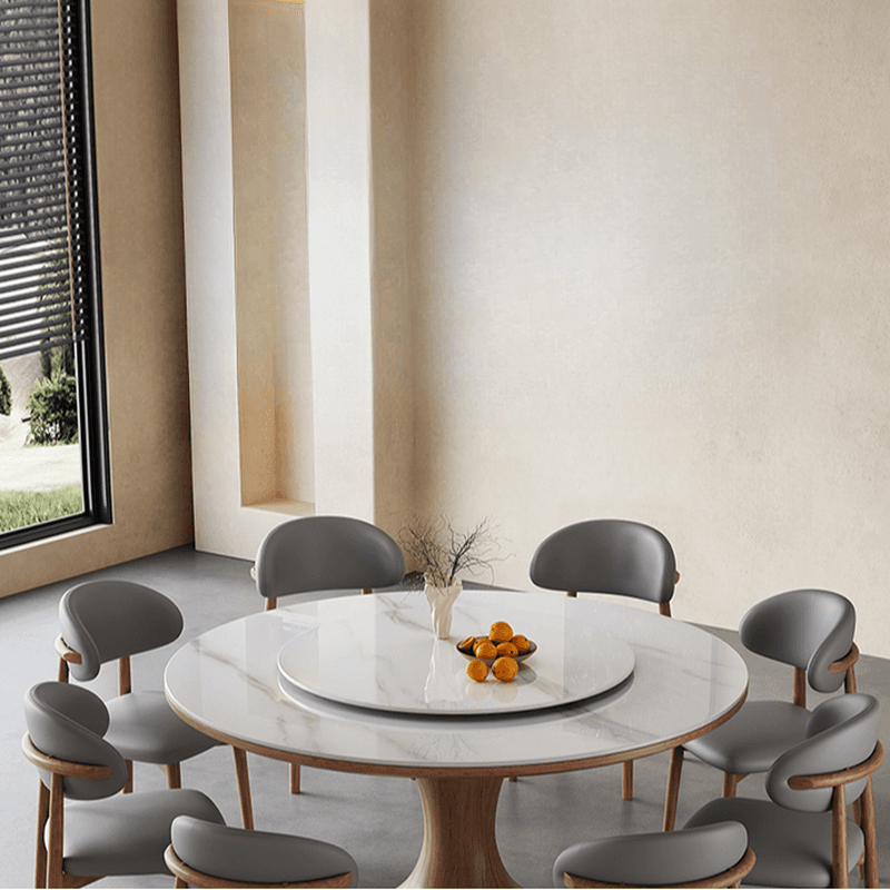 Dining Table Set with Rounded Stump Base, Fixed Table, Padded Chair, Back, 5-piece in White thumbnail 5