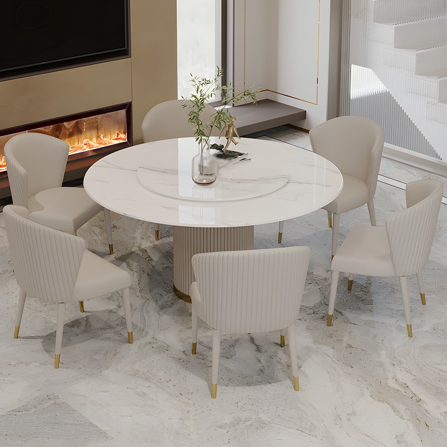 Modern 1/4/5/7 Pieces Round Dining Set Sintered Stone Dining Table Set with Leather Chairs thumbnail 2