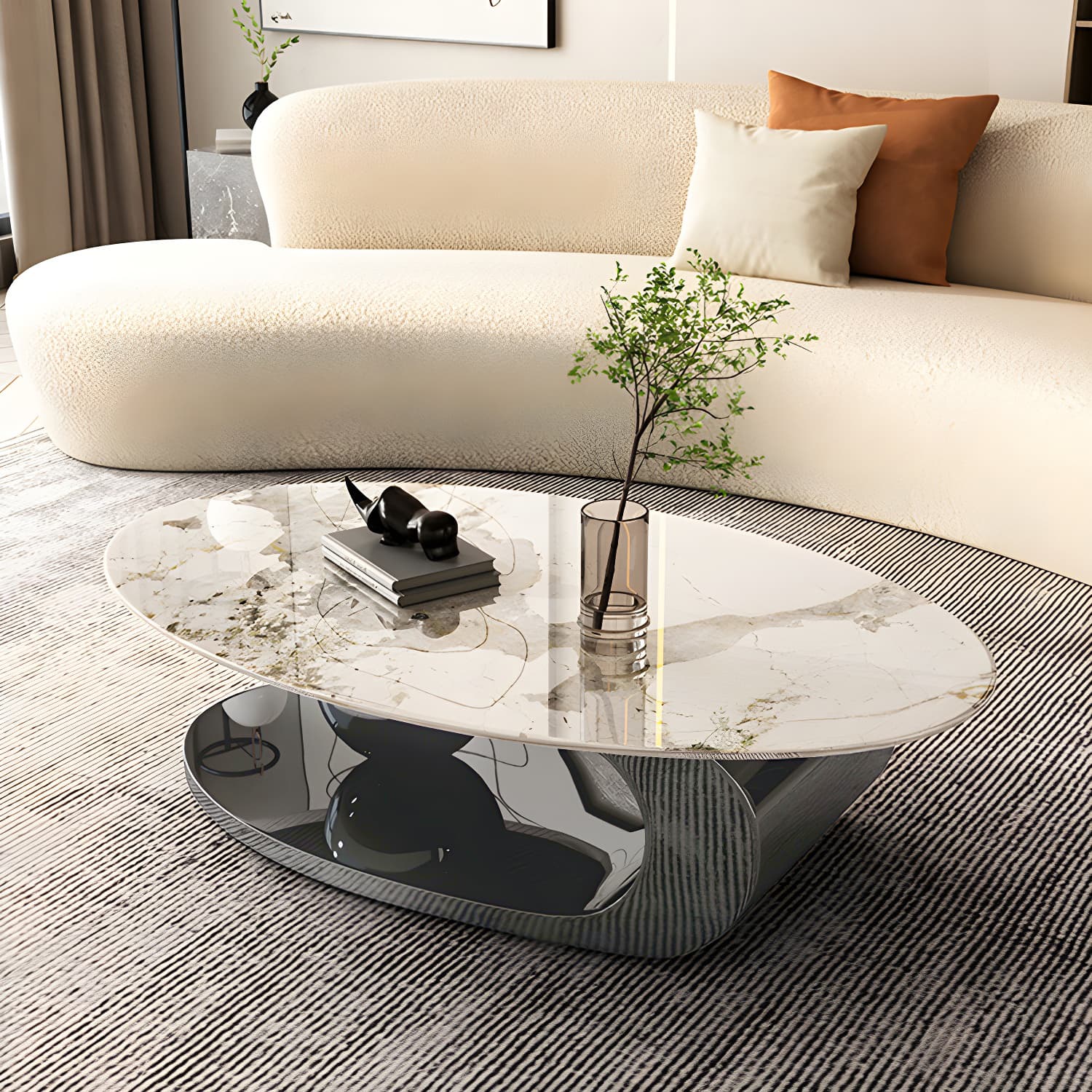 Oval Coffee Table with Stainless Steel Base Made of Rock Sheet thumbnail 3