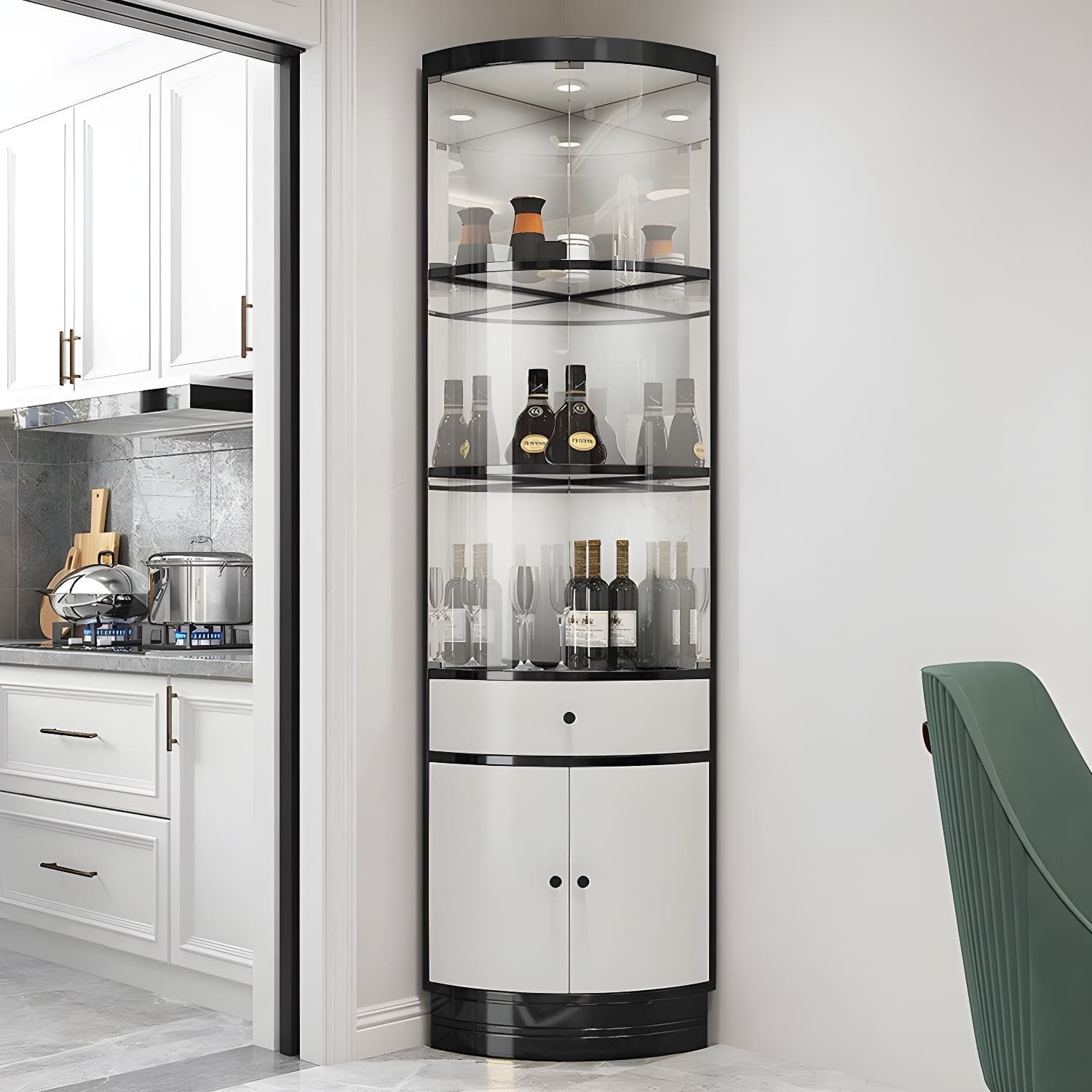 Corner Modern Accent Cabinet with Wood Counter Top, Glass Doors, and Metal Base thumbnail 3