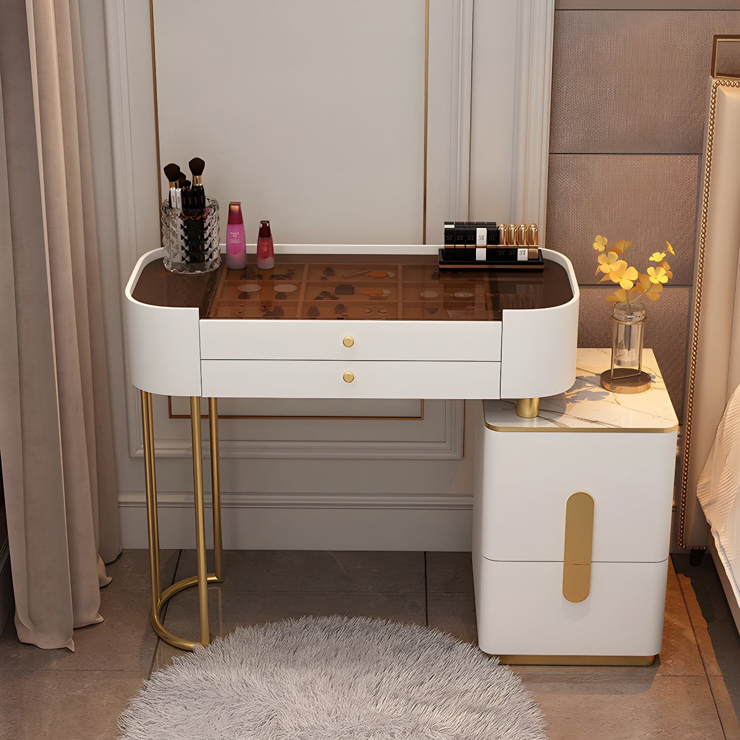 Glass Top Makeup Vanity Storage Box Vanity Dressing Table for Bedroom thumbnail 3