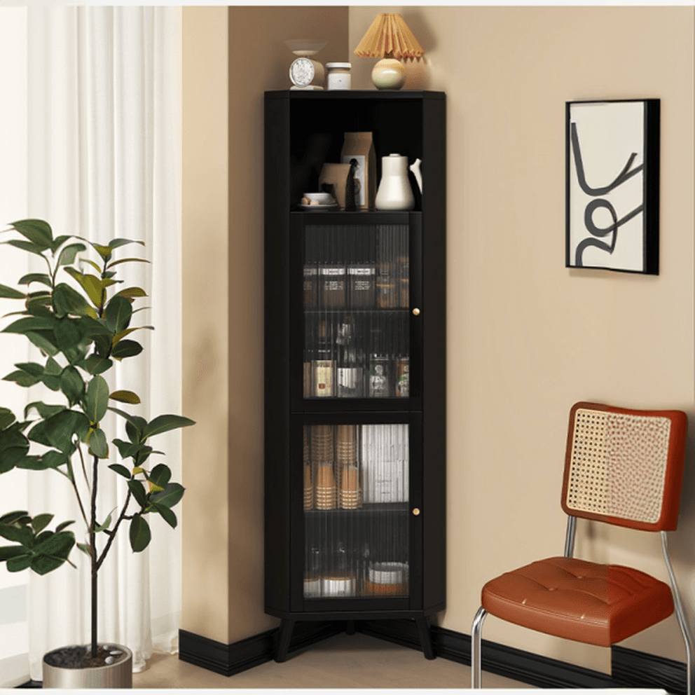 Standalone Corner Beech Midnight Black/Auburn Utility Storage Cabinet with Flexible Shelf, Glazed Door & 2 Cabinets/1 Cabinet thumbnail 4