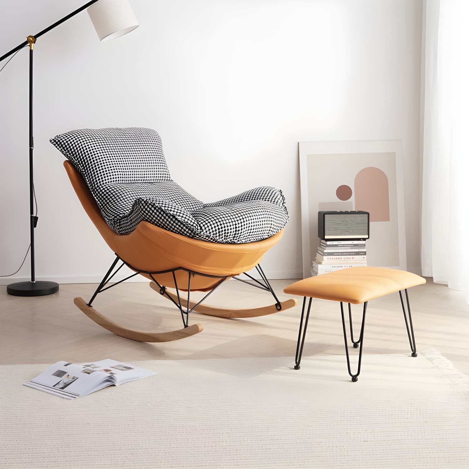 Modern Rocking Chair with Ottomans - Metal Frame, Removable Cushions, and Armless Design thumbnail 6