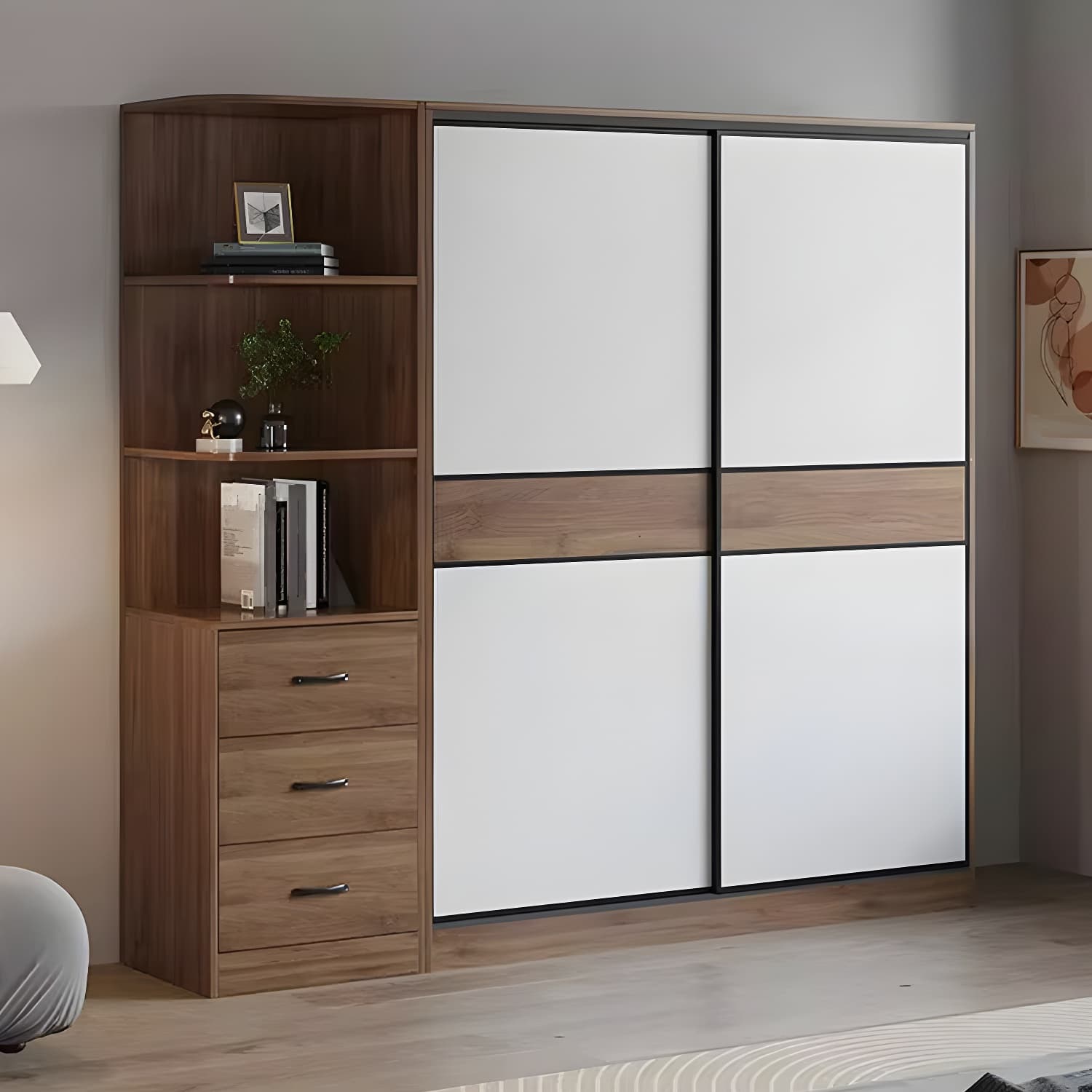 Modern Brown Wood Wardrobe Armoire with Sliding Doors, Shelves, and Clothing Rod thumbnail 3