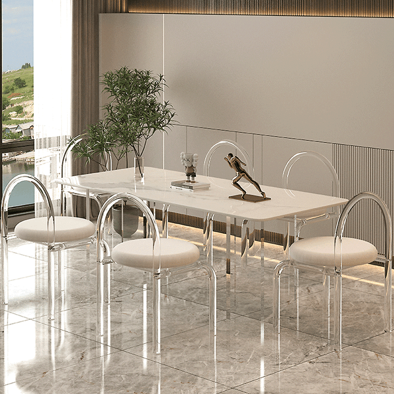 Dining Table Set with Rectangular White Slate Stone Top, Two-sided Pedestal Base, and Padded Chair with Back thumbnail 4