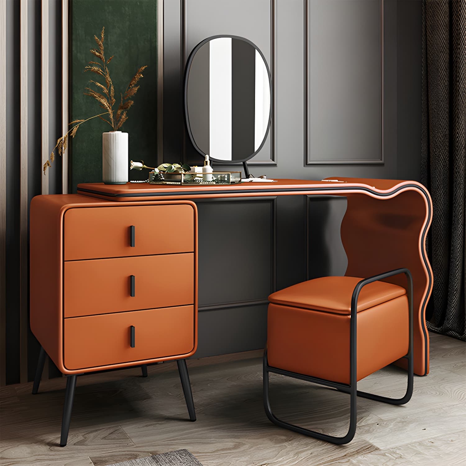 3 Drawers Make-up Vanity Set, 28.74" H Leather Vanity with Stool & Mirror thumbnail 22