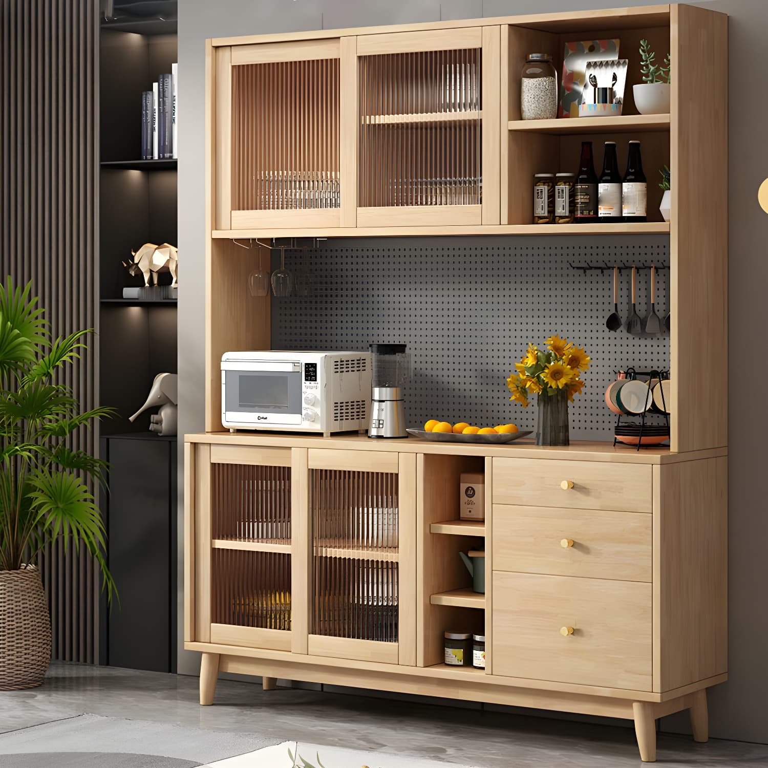Modern Style Solid Wood Storage Sideboard Cabinet with Glass Doors and Drawers thumbnail 5