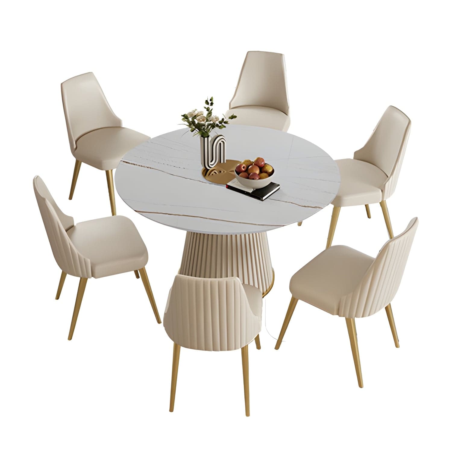 Stone Top Dining Table Round Table with Wood Pedestal Base in White thumbnail 3