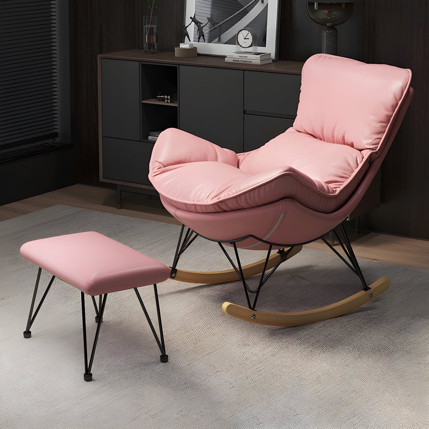 Wing Back Rocking Chair Solid Wood Rocker Chair with Ottoman thumbnail 6
