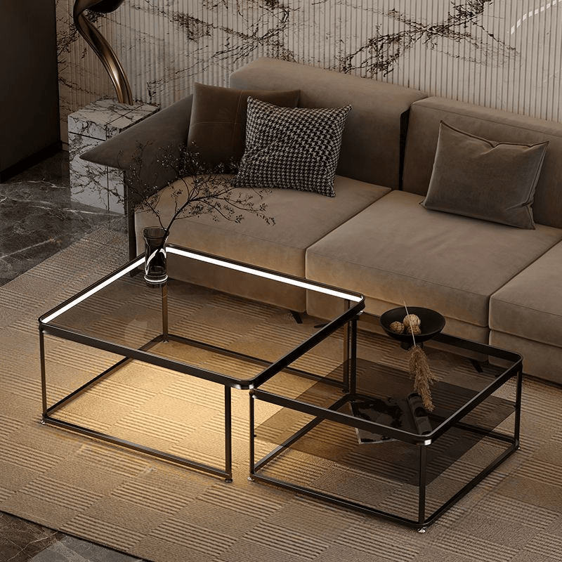 Gray/Tan Top Double Nesting Accent Table with Copper Square Frame