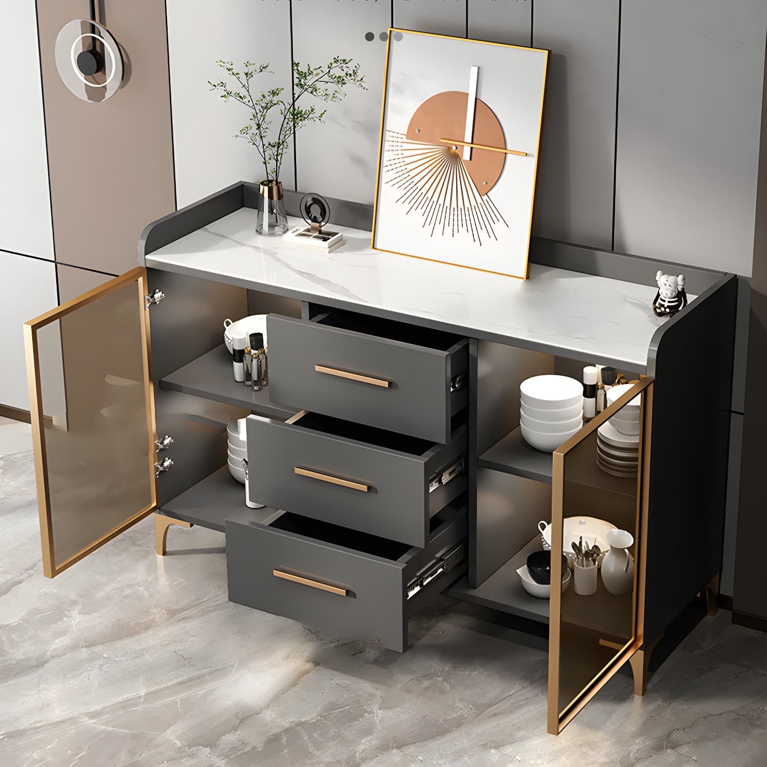 Glamorous Wood Buffet Sideboard with Glass Doors and Open Storage thumbnail 7