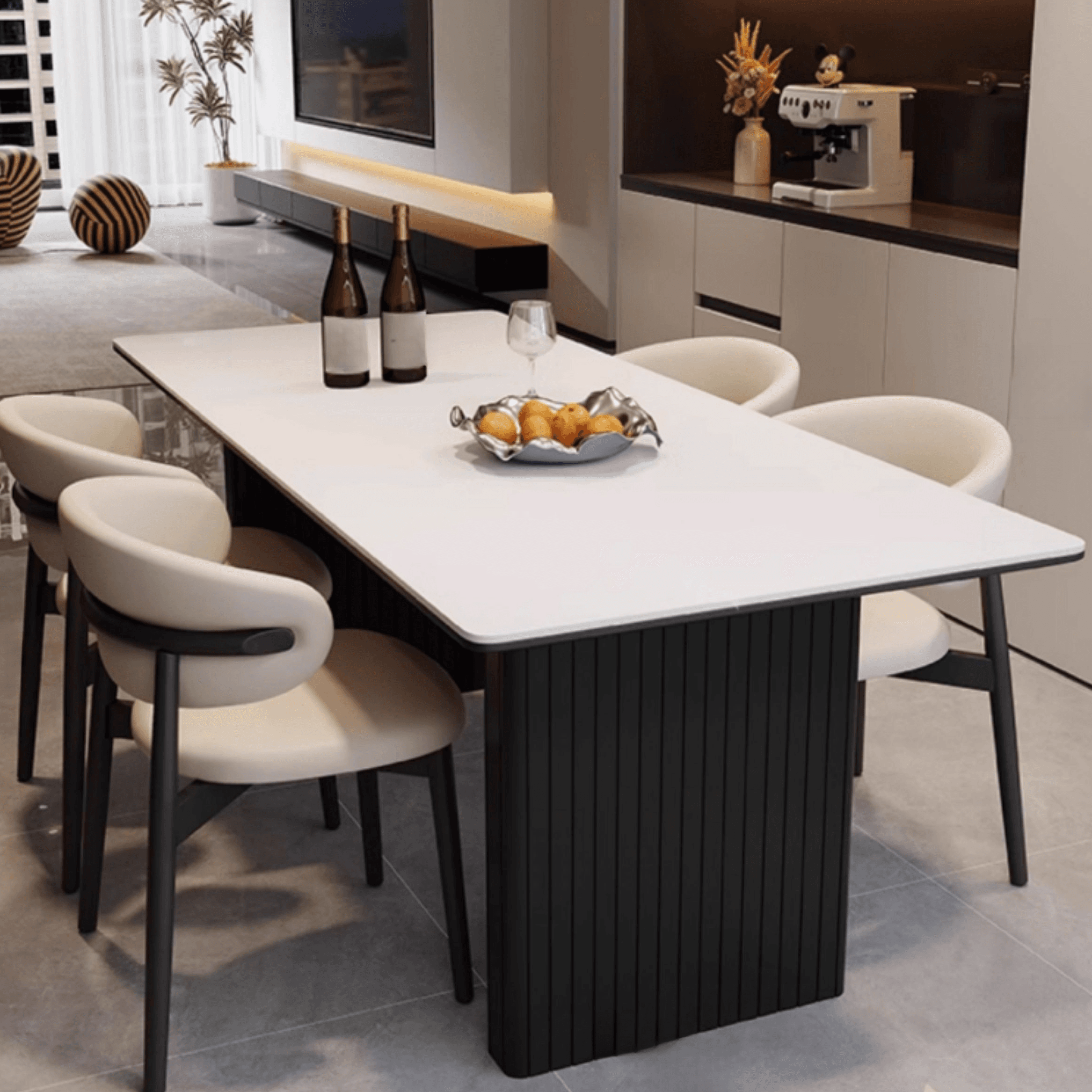 Dining Table Set with Rectangular Slate Stone Top and Two-sided Pedestal, Padded Chair with Back, 5-piece in White thumbnail 4