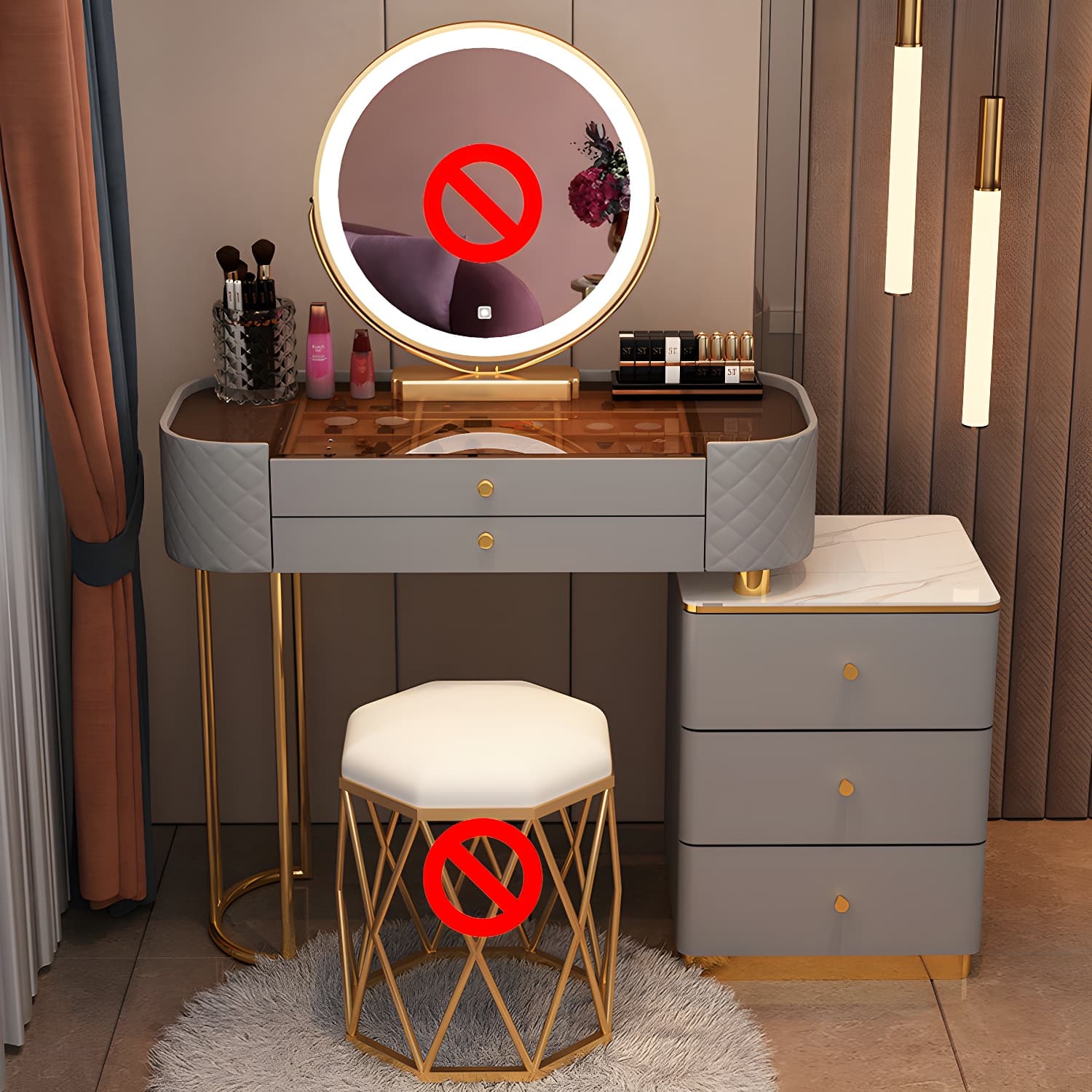 Lighted Mirror & Jewelry Makeup Vanity Metal Dressing Table Stool Set thumbnail 2