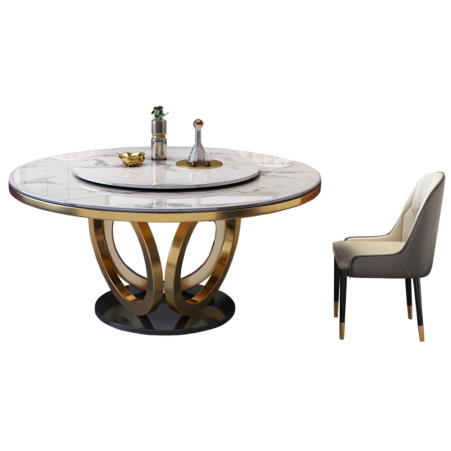 Glamorous Round Marble Dining Set with Gold Metal Pedestal Base and Upholstered White Chairs thumbnail 5