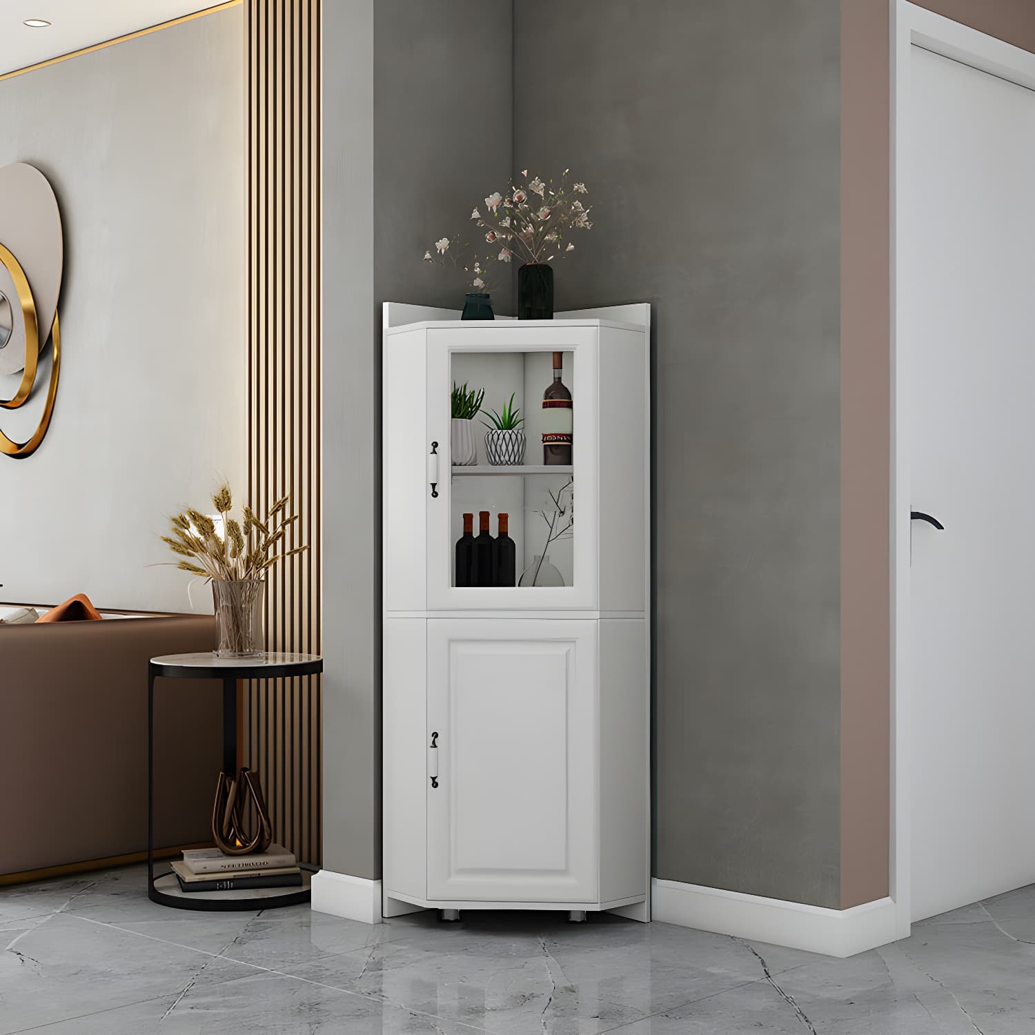 Modern White Corner Accent Cabinet with Glass Doors and Adjustable Interior Shelves thumbnail 3