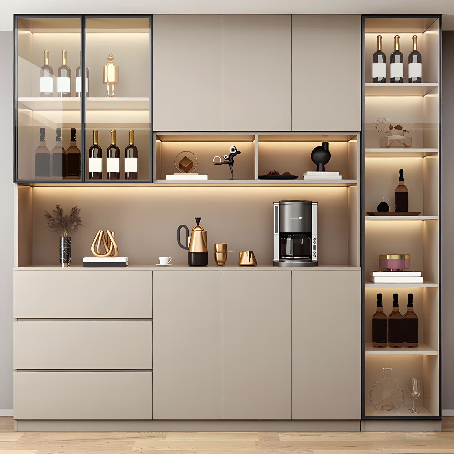 Modern Wood Cabinet with Glass Doors and Non-adjustable Shelves