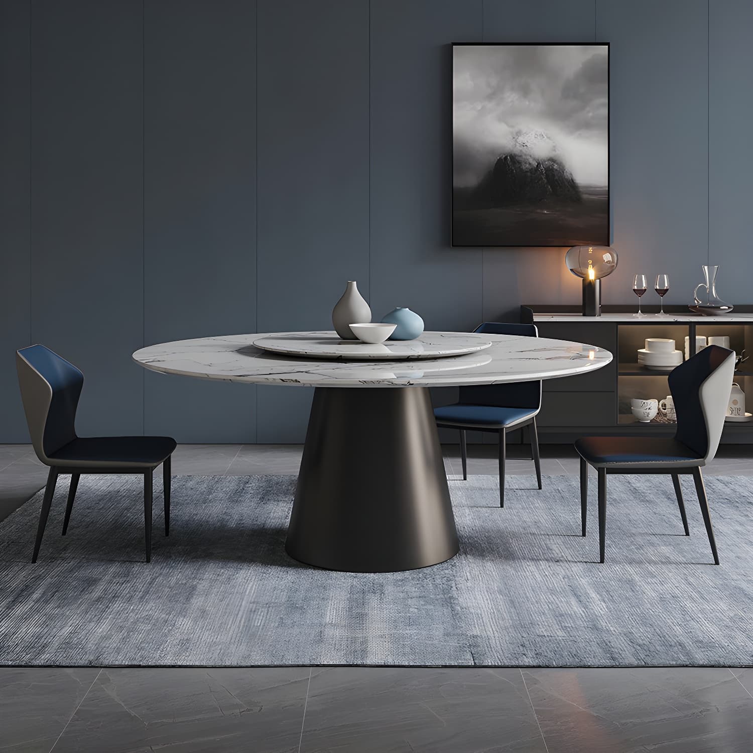 Contemporary Stone Round Dining Set 1/4/7/11 Pieces Turntable Dining Furniture for Home thumbnail 4
