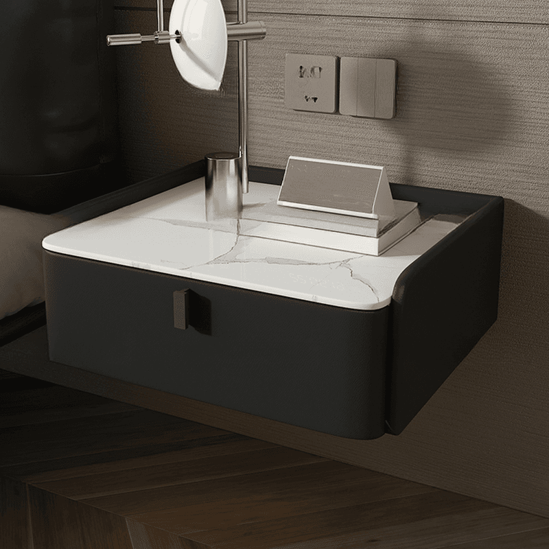 Organic Modern Bedside Cabinet Nightstand with 1 Drawer, Stone Countertop, and Hanging Shelf thumbnail 2