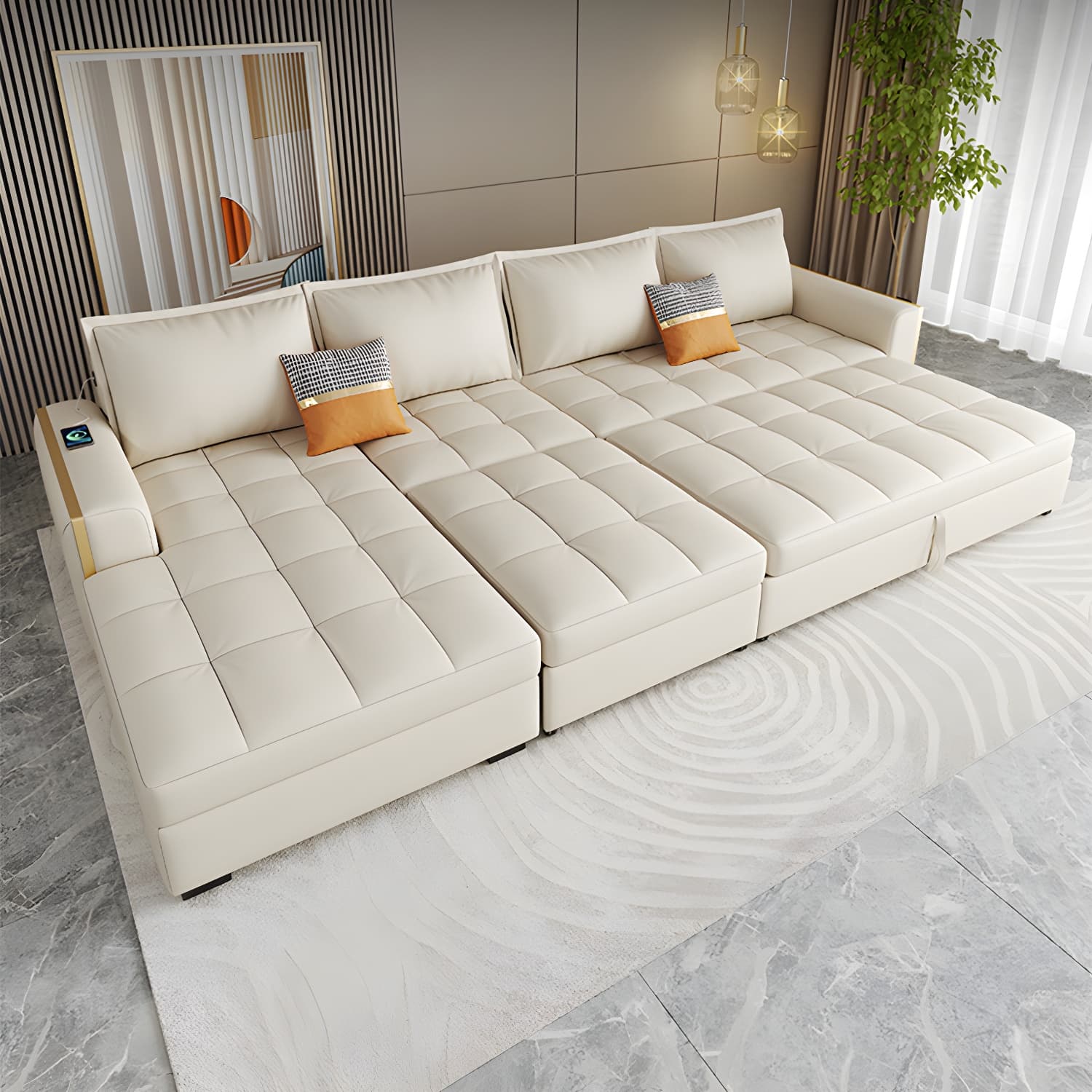 White Modern Sofa Bed with Storage USB Charging Convertible Sectional thumbnail 4