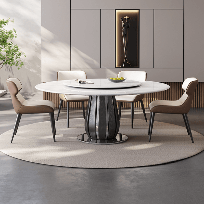 Circular-shaped Slate Stone Dining Table Set with Stump Base, Upholstered Back Chairs, Seats 6 People thumbnail 3