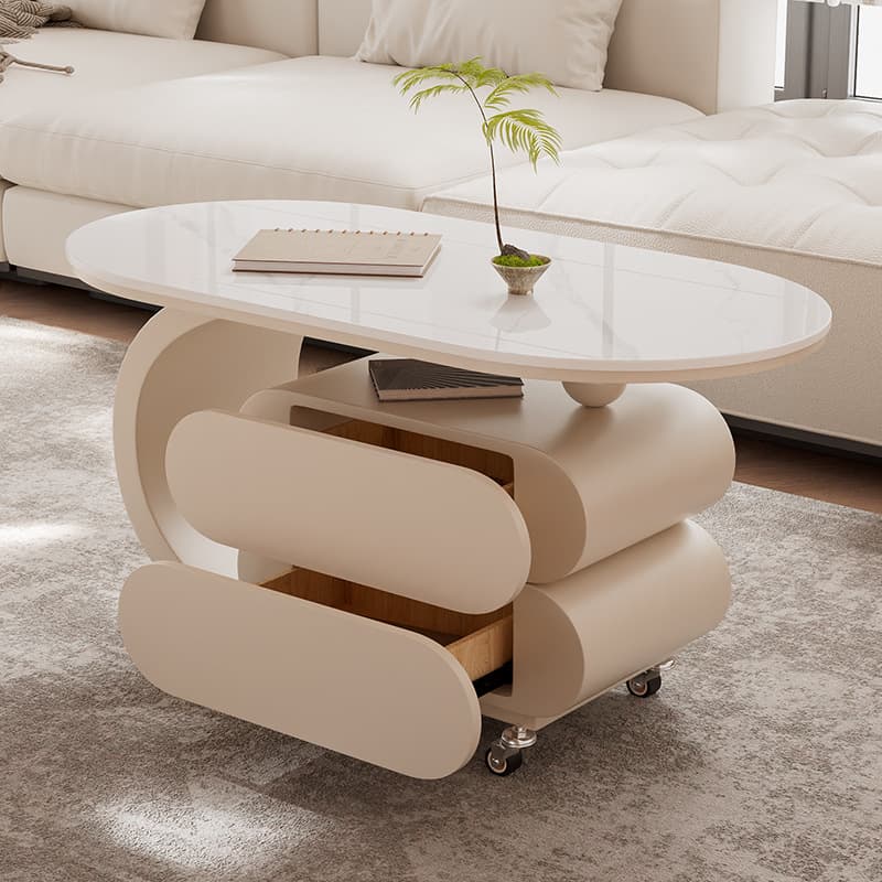 Simplistic Oblong Side Table with Wheel Base, Swivel Wheels, and Drawers thumbnail 5