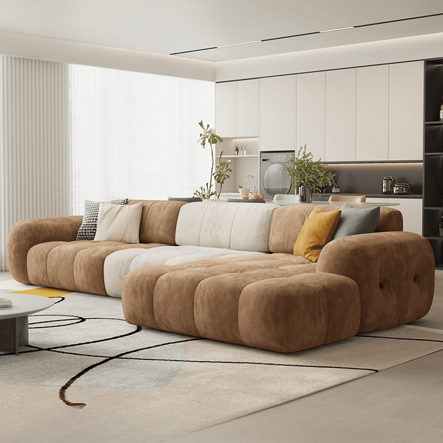 Channel Back L-Shape/Straight Right Hand Facing/Horizontal Sofa Recliner/Sofa Couch in Brown/Beige with Concealed Support & Pine Wood Frame for Living Room thumbnail 11
