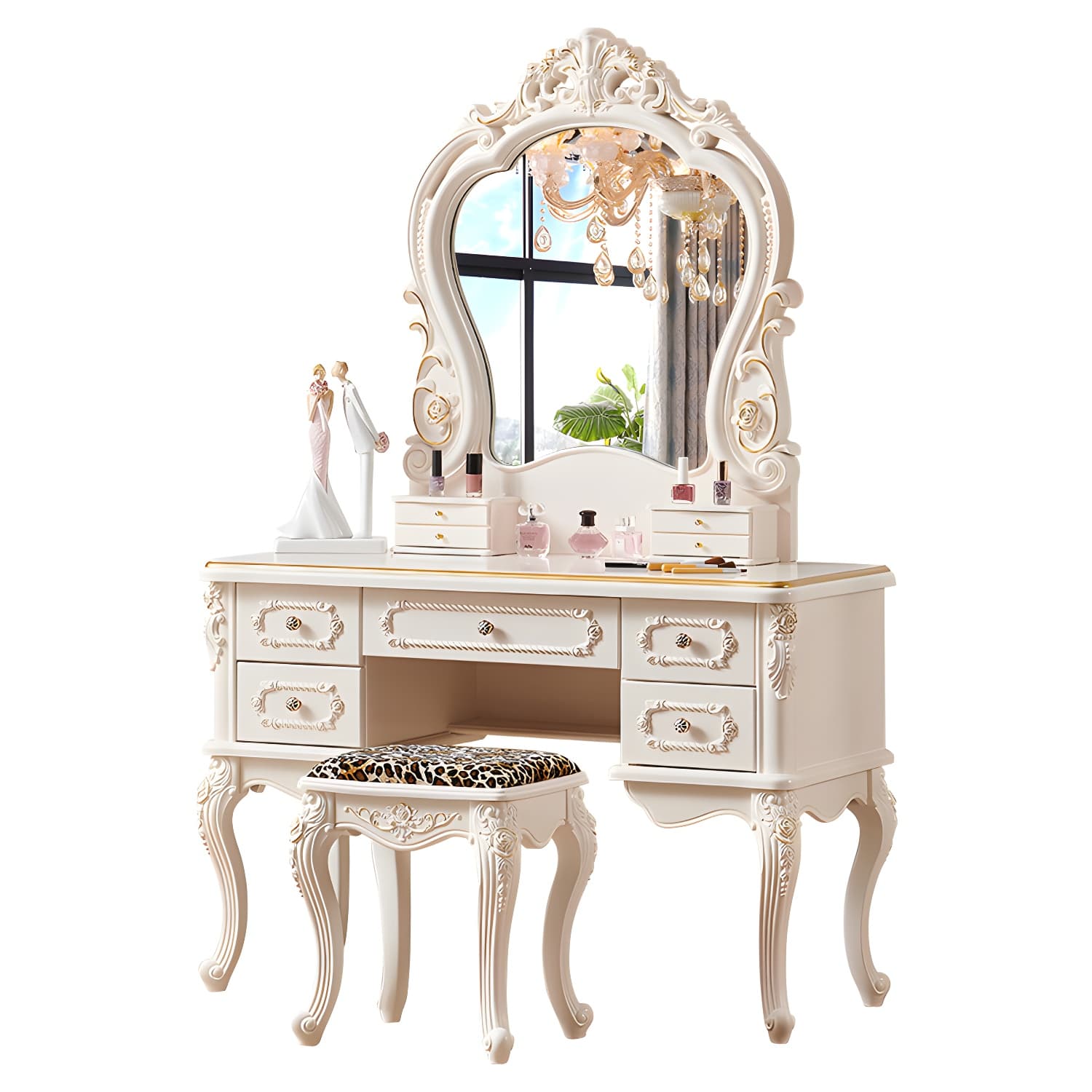 Victorian Make up Table Stool Set with Mirror and Drawers for Bedroom thumbnail 7