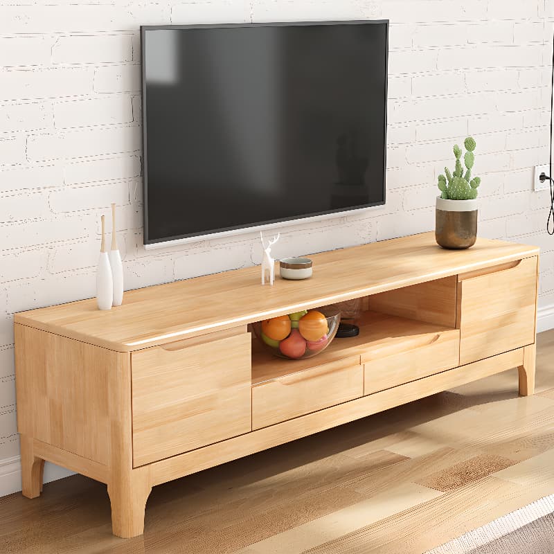 Art Deco Natural Wood TV Stand with 2 Drawers, 2 Cabinets, and Visible Storage thumbnail 5